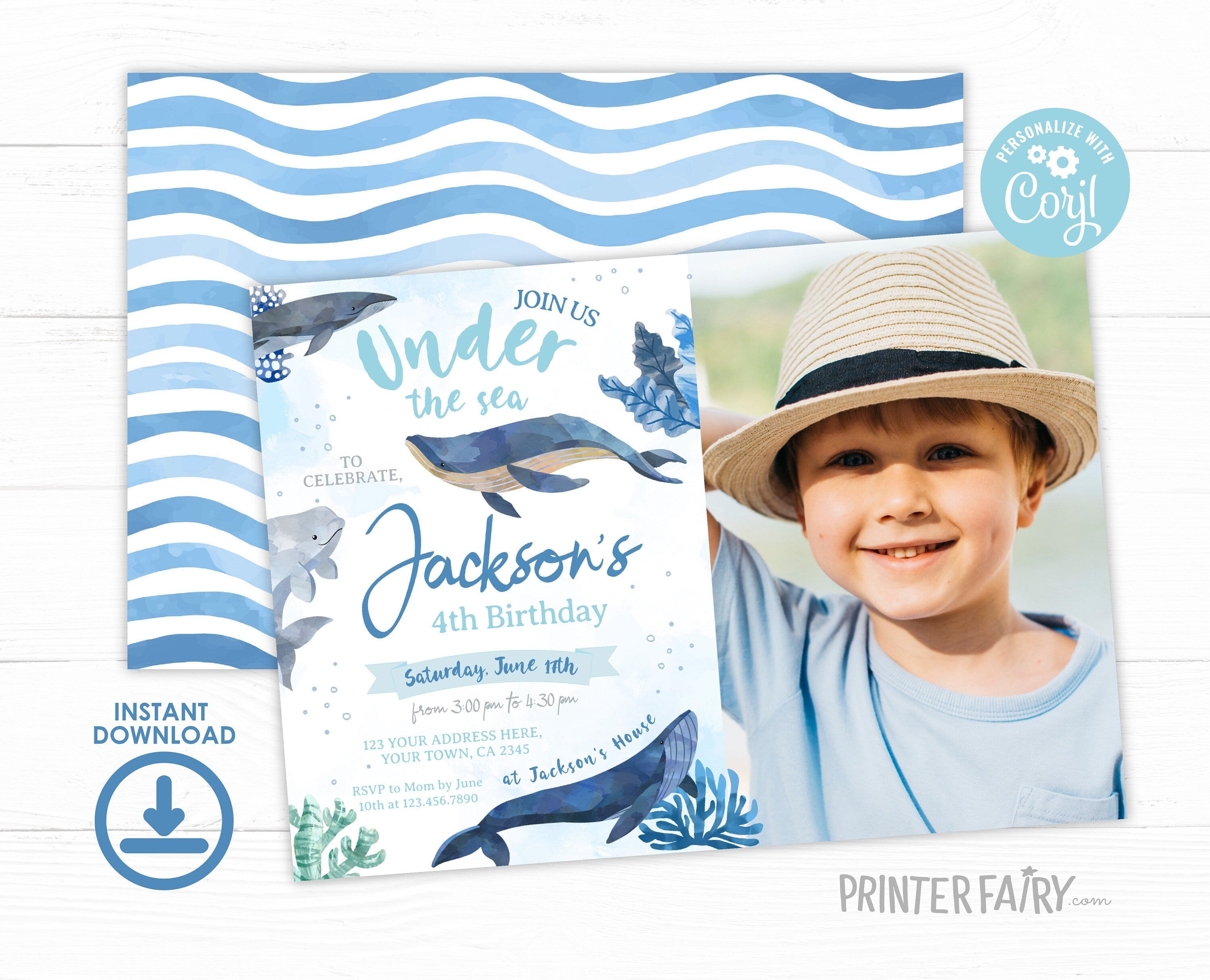 Whales Birthday Invitation with Photo, Under The Sea Party (Editable Download Printable)