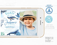 Whales Birthday Invitation with Photo, Under The Sea Party (Editable Download Printable)