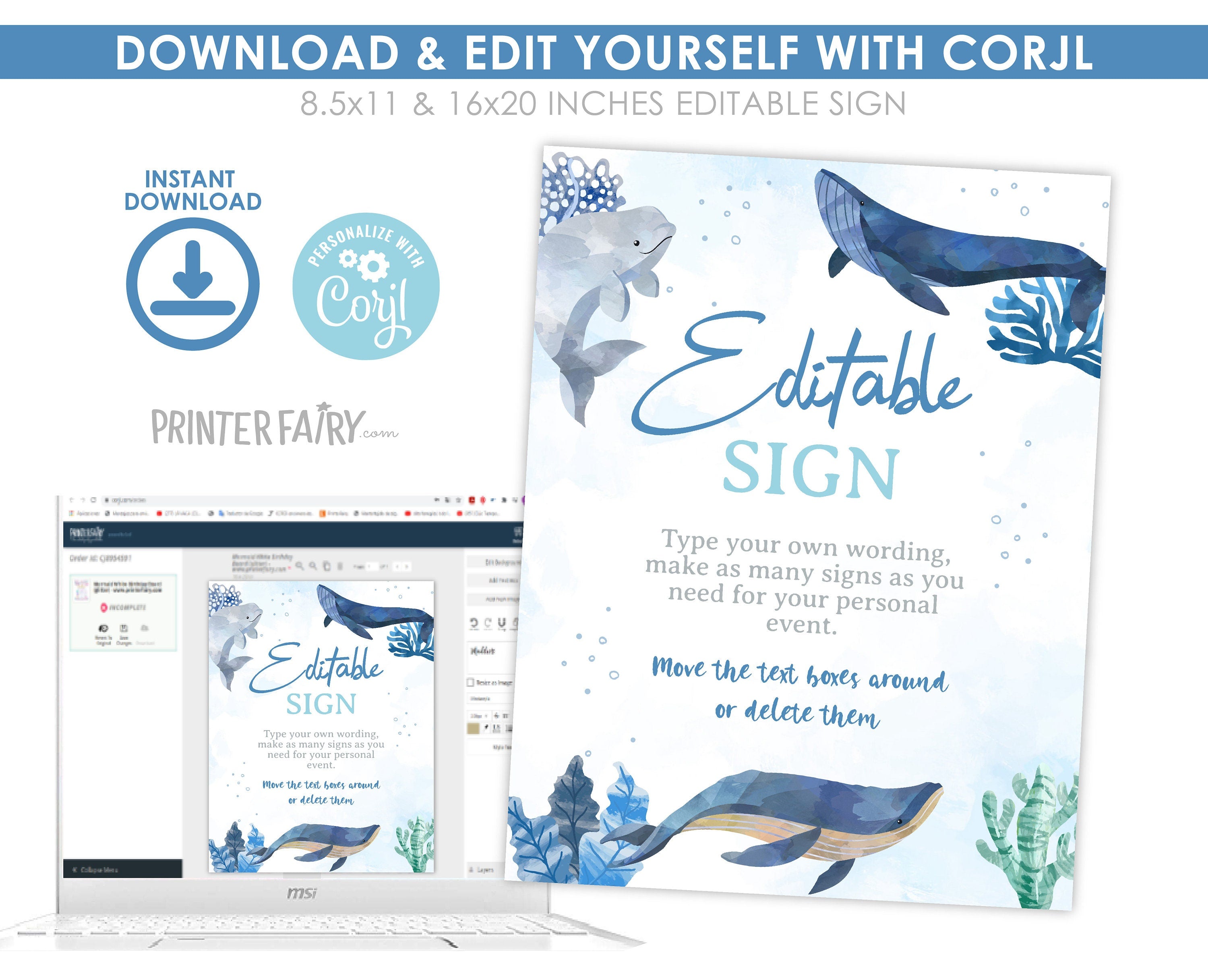 Whales Birthday Sign, Under The Sea Party, Editable Printable (Digital Download)