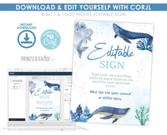 Whales Birthday Sign, Under The Sea Party, Editable Printable (Digital Download)