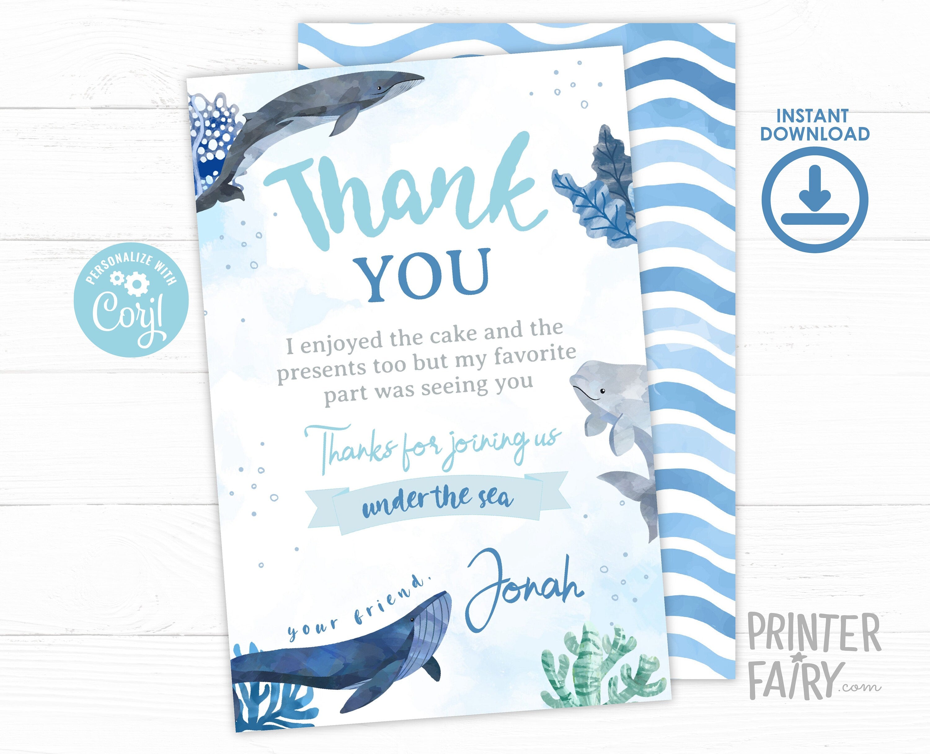 Whales Birthday Thank You Card, Under the Sea Party (Download Printable)