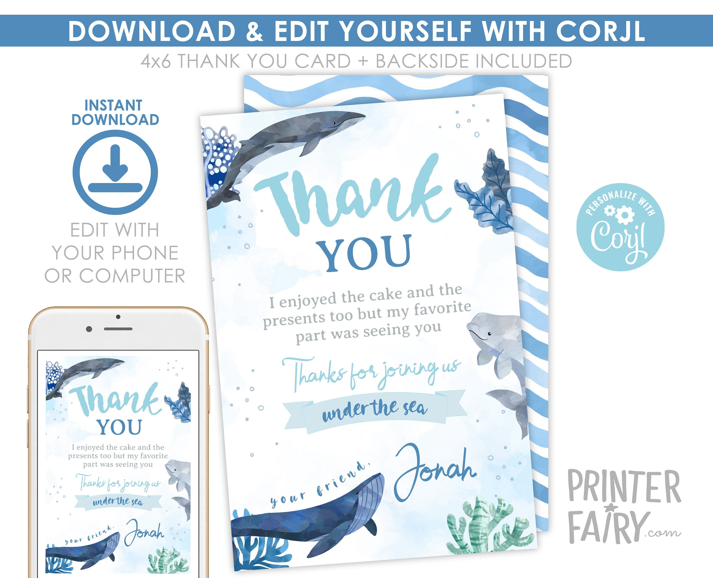 Whales Birthday Thank You Card, Under the Sea Party (Download Printable)