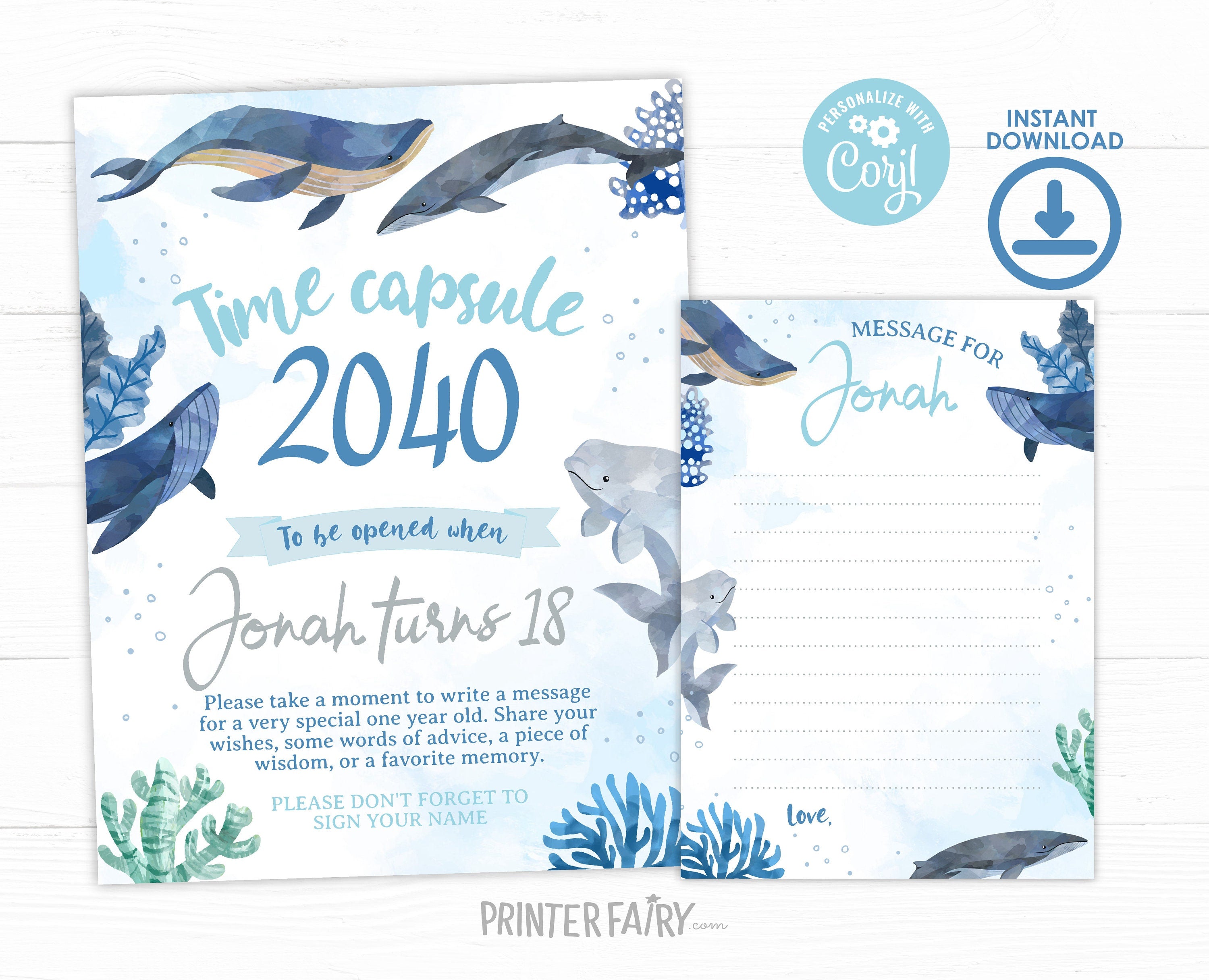 Whales Birthday Time Capsule Sign, Ocean Party (Download Printable)