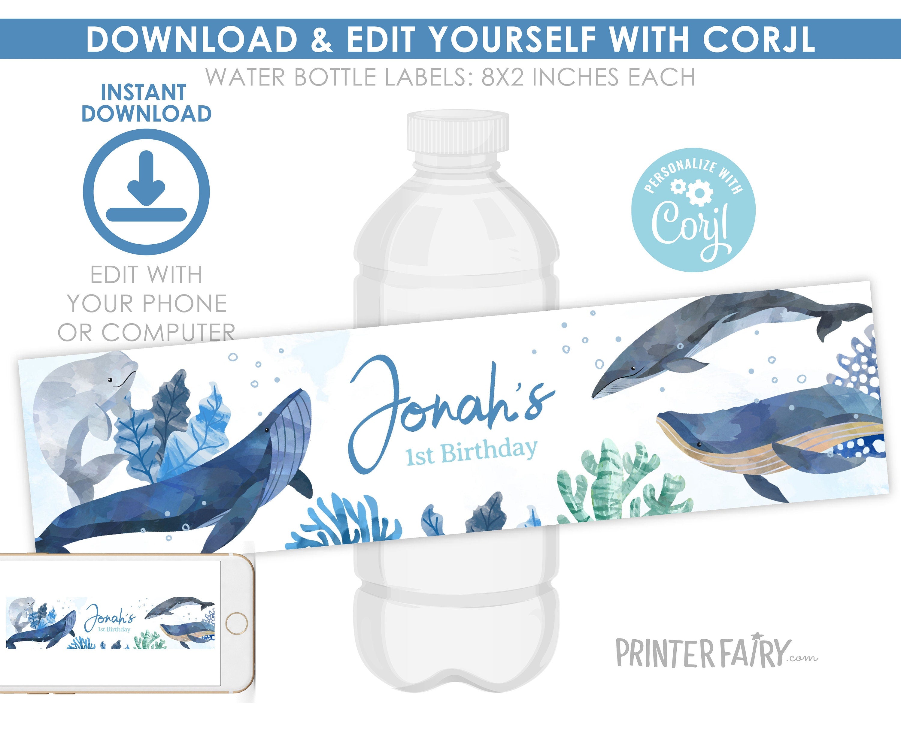 Whales Birthday Water Bottle Label, Under The Sea Party (Download Printable)