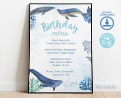 Under the Sea Birthday Menu, Whales, Editable Printable