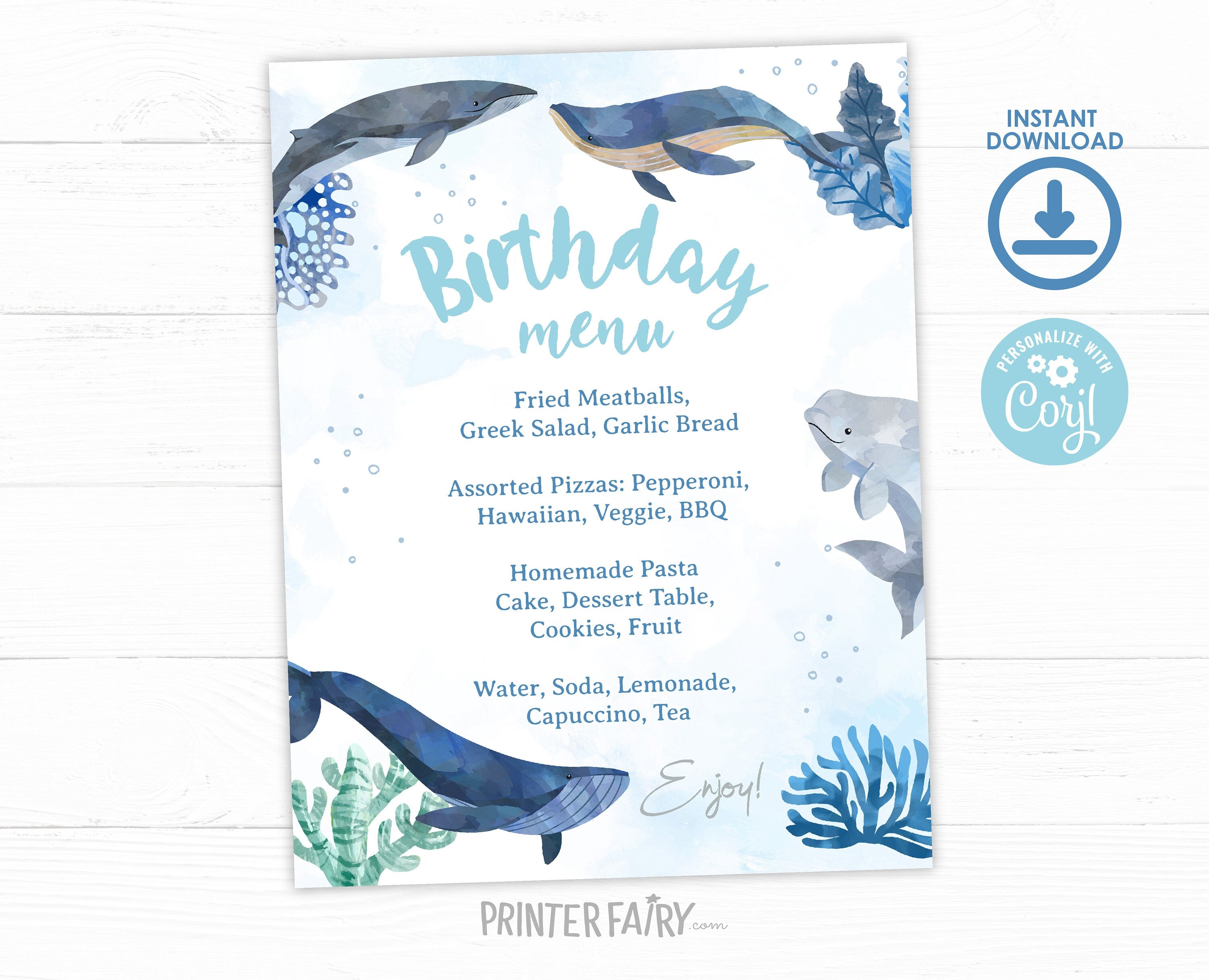 Under the Sea Birthday Menu, Whales, Editable Printable