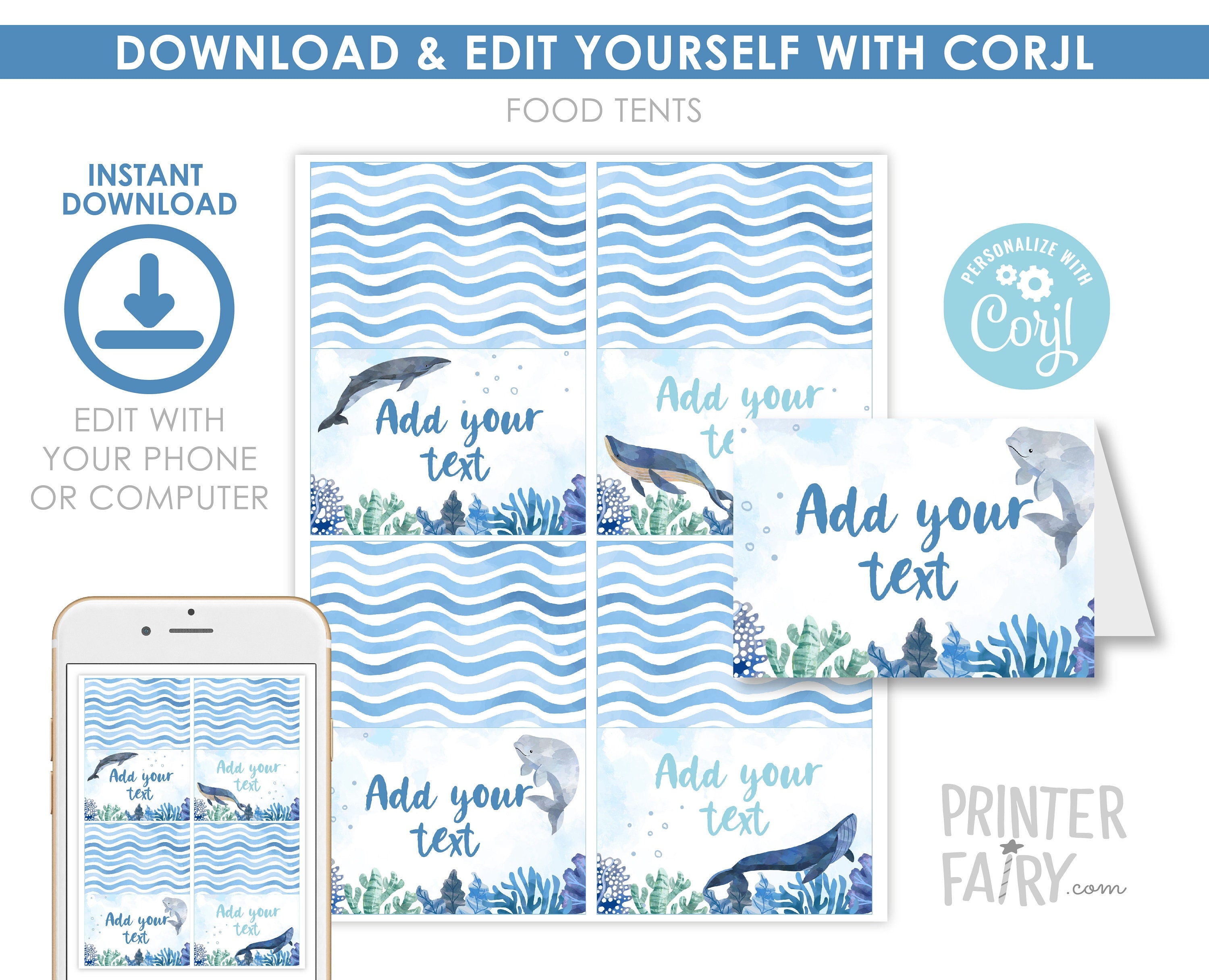 Whales Birthday Party Food Tents, Under The Sea Favors (Editable Printable)