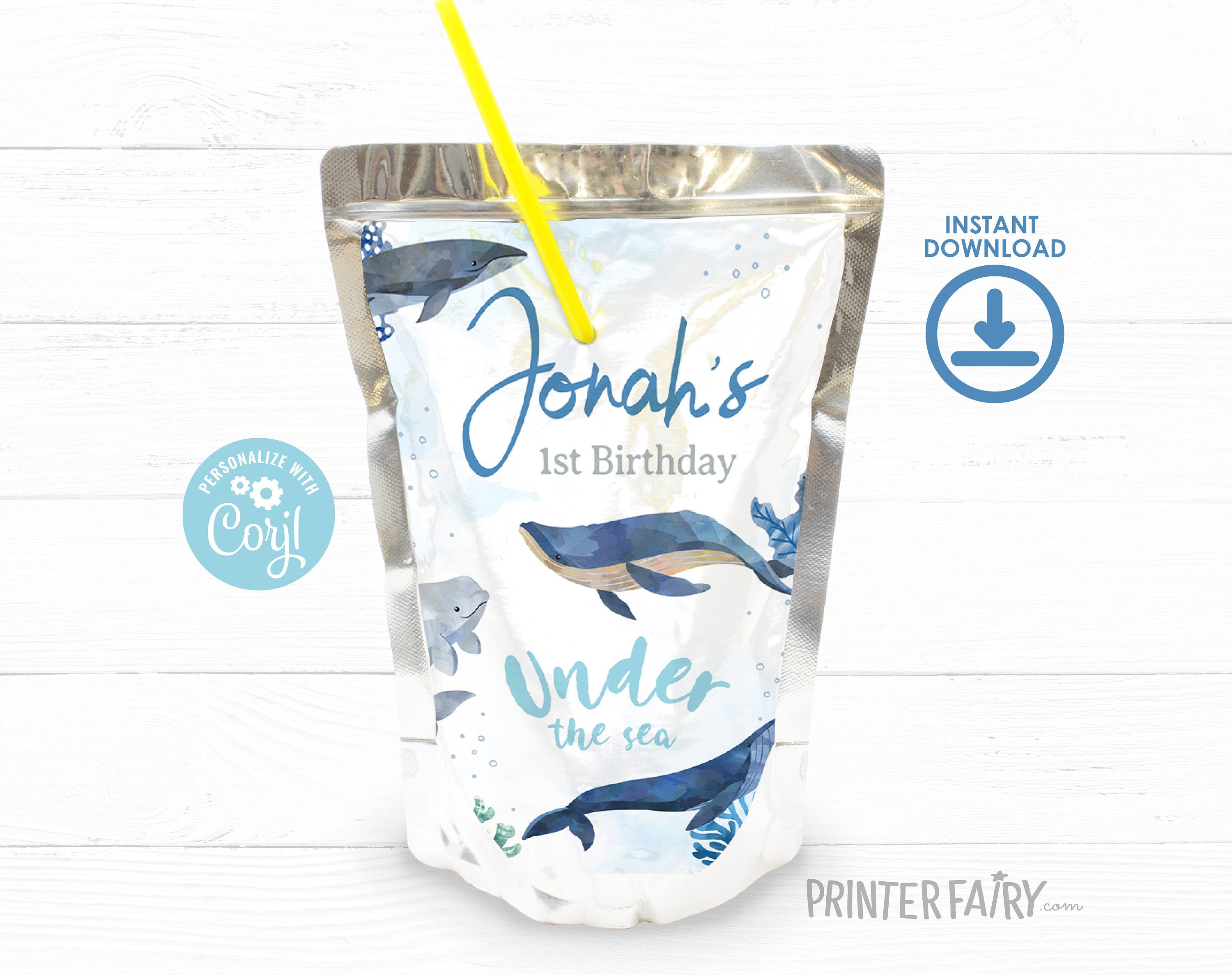 Whales Birthday Party Drink Pouch Label, Under The Sea Favors (Editable Printable)