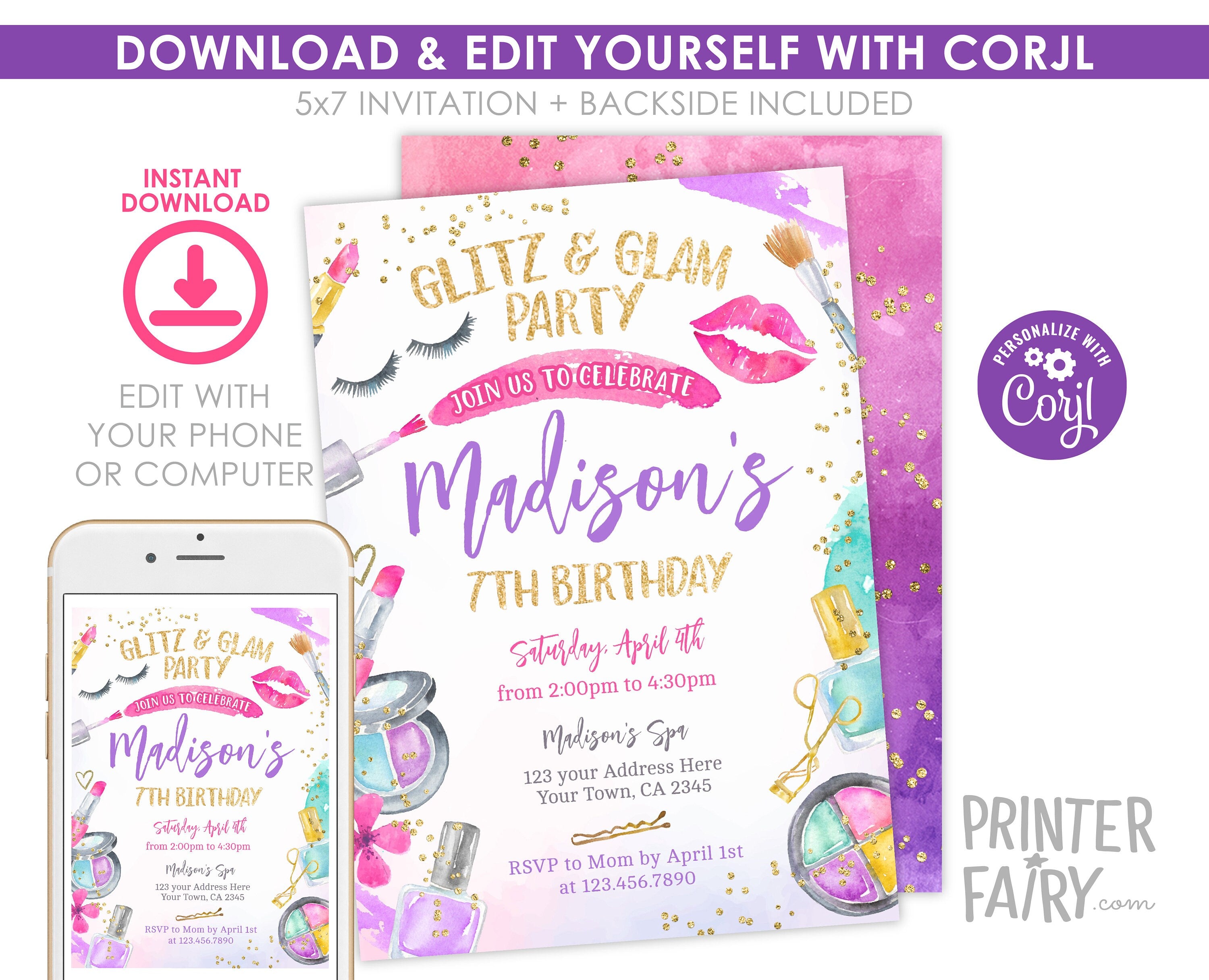Glitz Glam Spa Birthday Invitation, Makeup Party Invite (Digital Download)