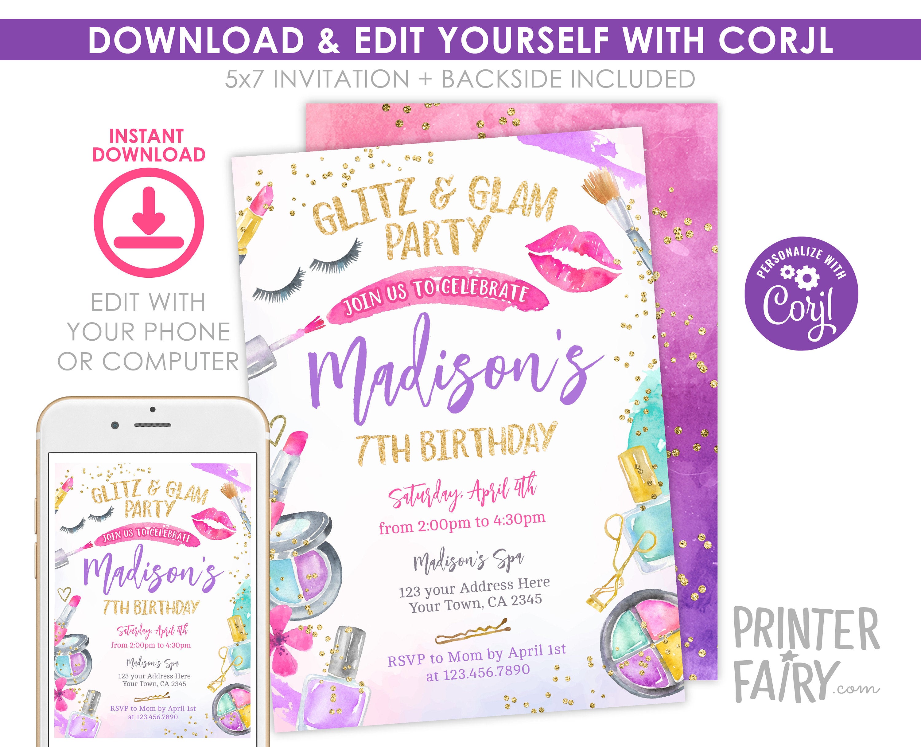 Glitz Glam Spa Birthday Invitation, Makeup Party Invite (Digital Download)