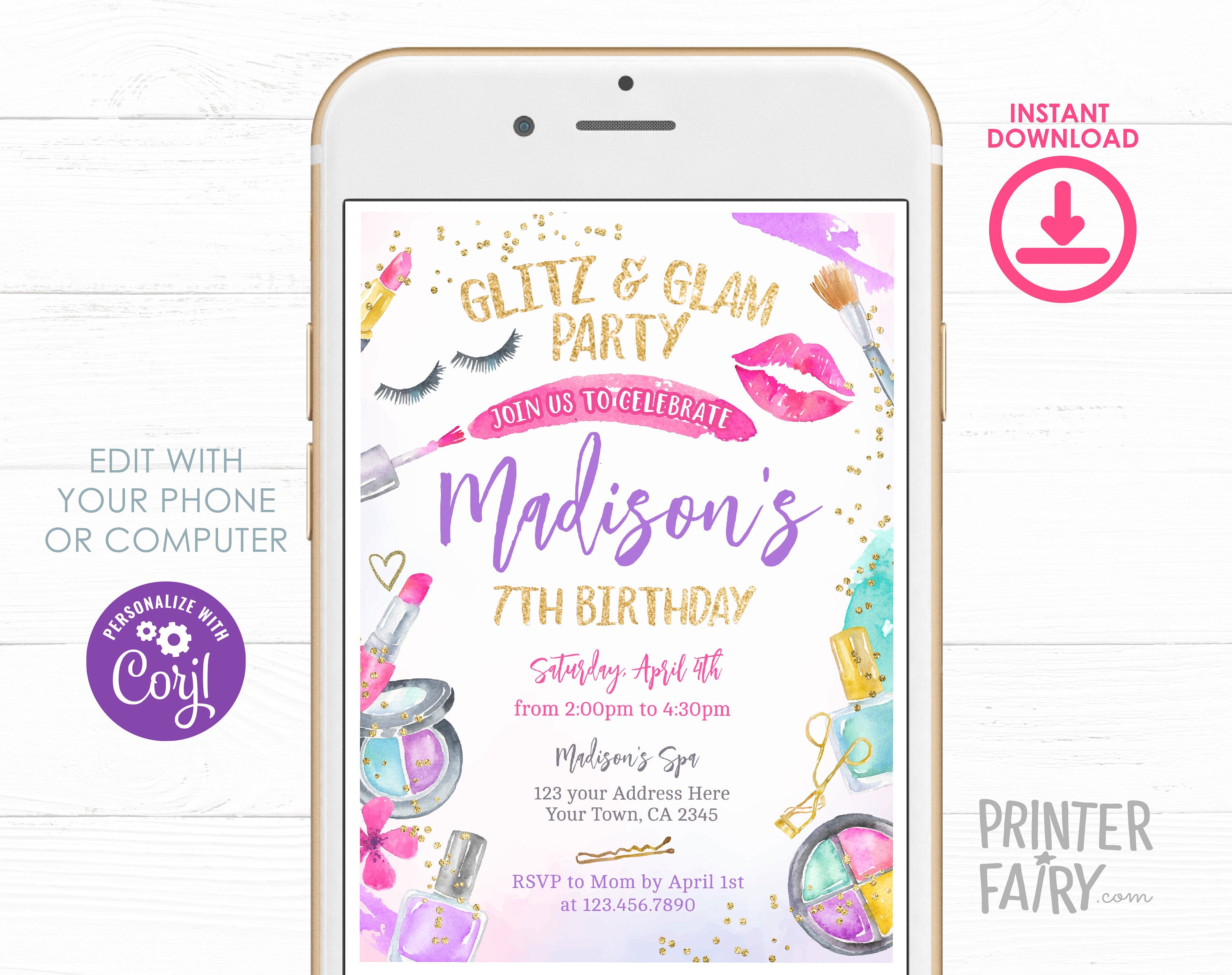 Glitz Glam Spa Birthday Invitation, Makeup Party Invite (Digital Download)