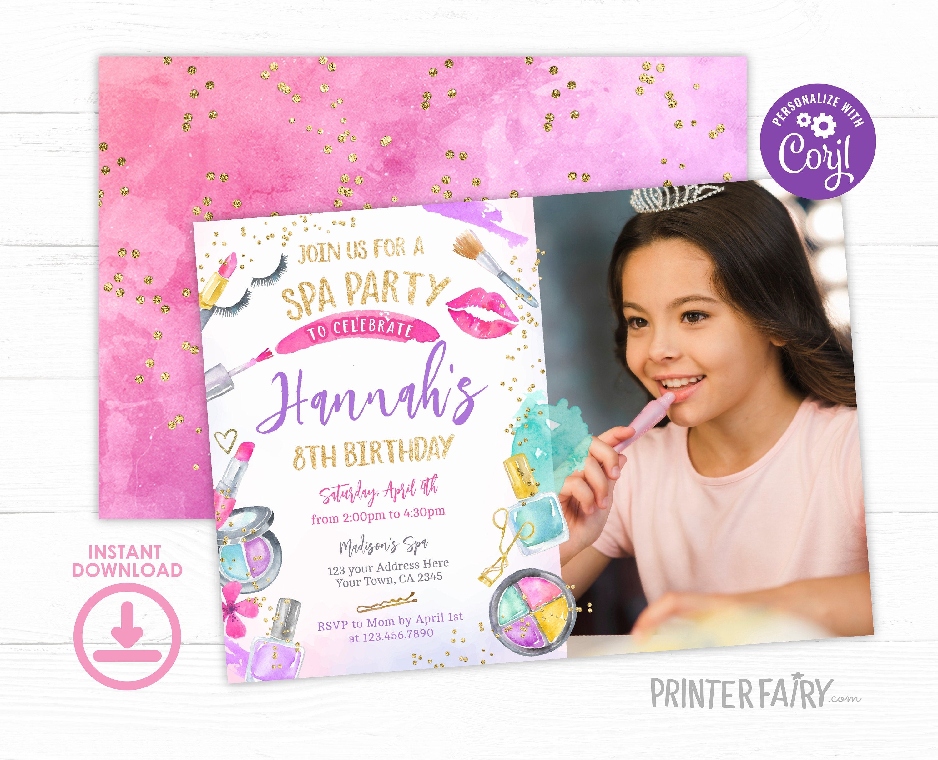 Spa Birthday Party Invitation, Photo, Glam Makeup (Editable Digital Item)