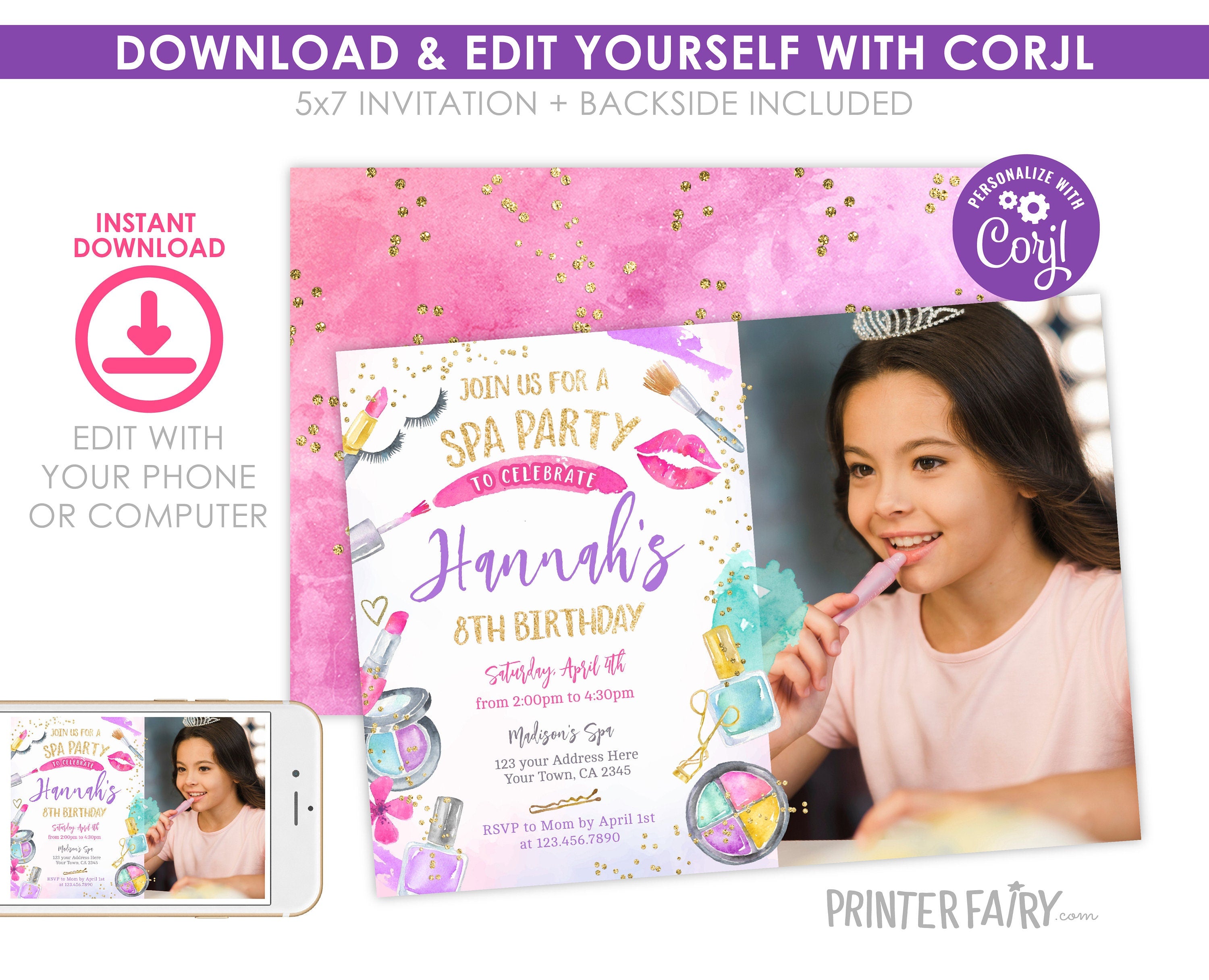 Spa Birthday Party Invitation, Photo, Glam Makeup (Editable Digital Item)