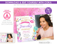 Spa Birthday Party Invitation, Photo, Glam Makeup (Editable Digital Item)
