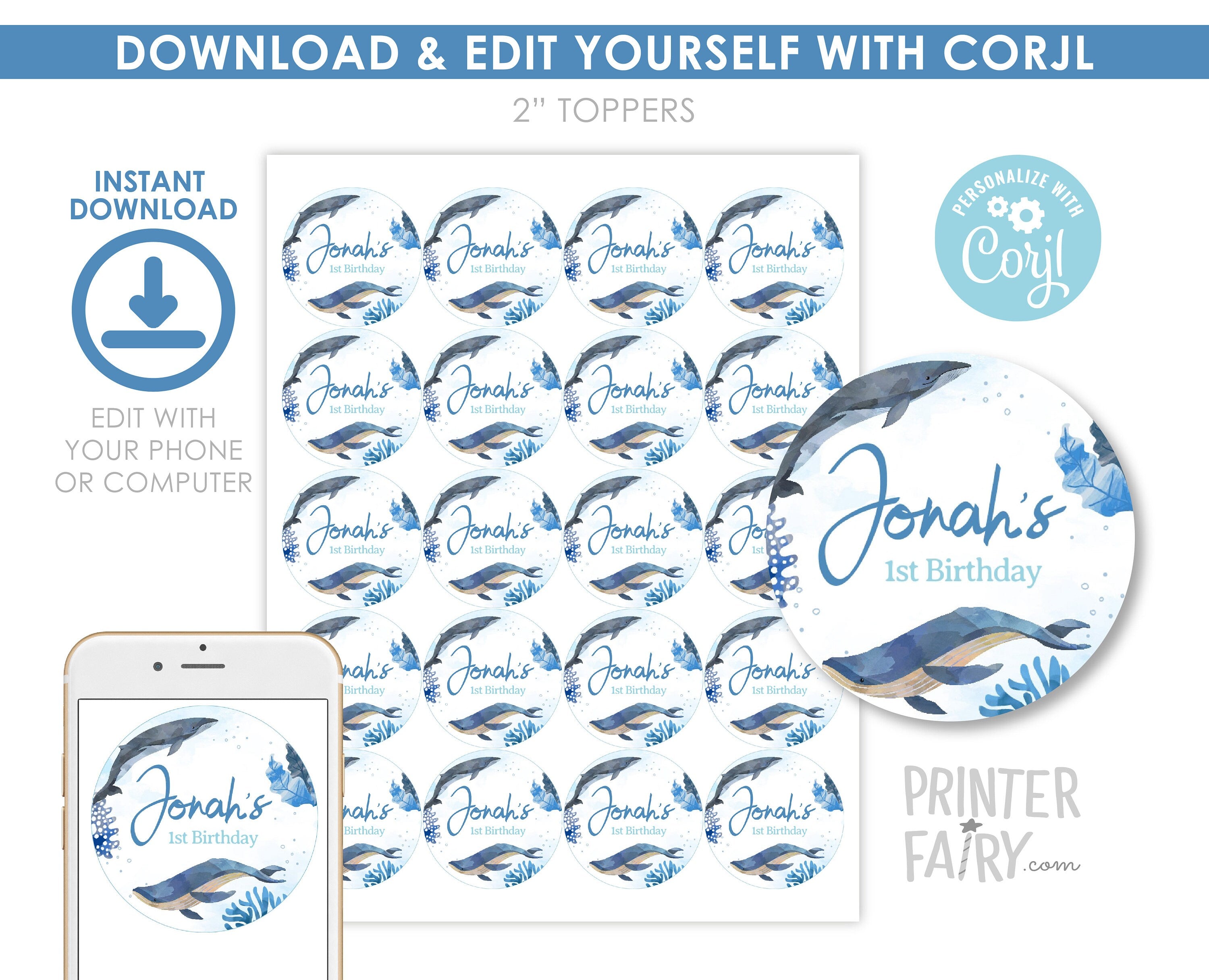 Whales Birthday Party Toppers, Ocean Animals (Digital Download)
