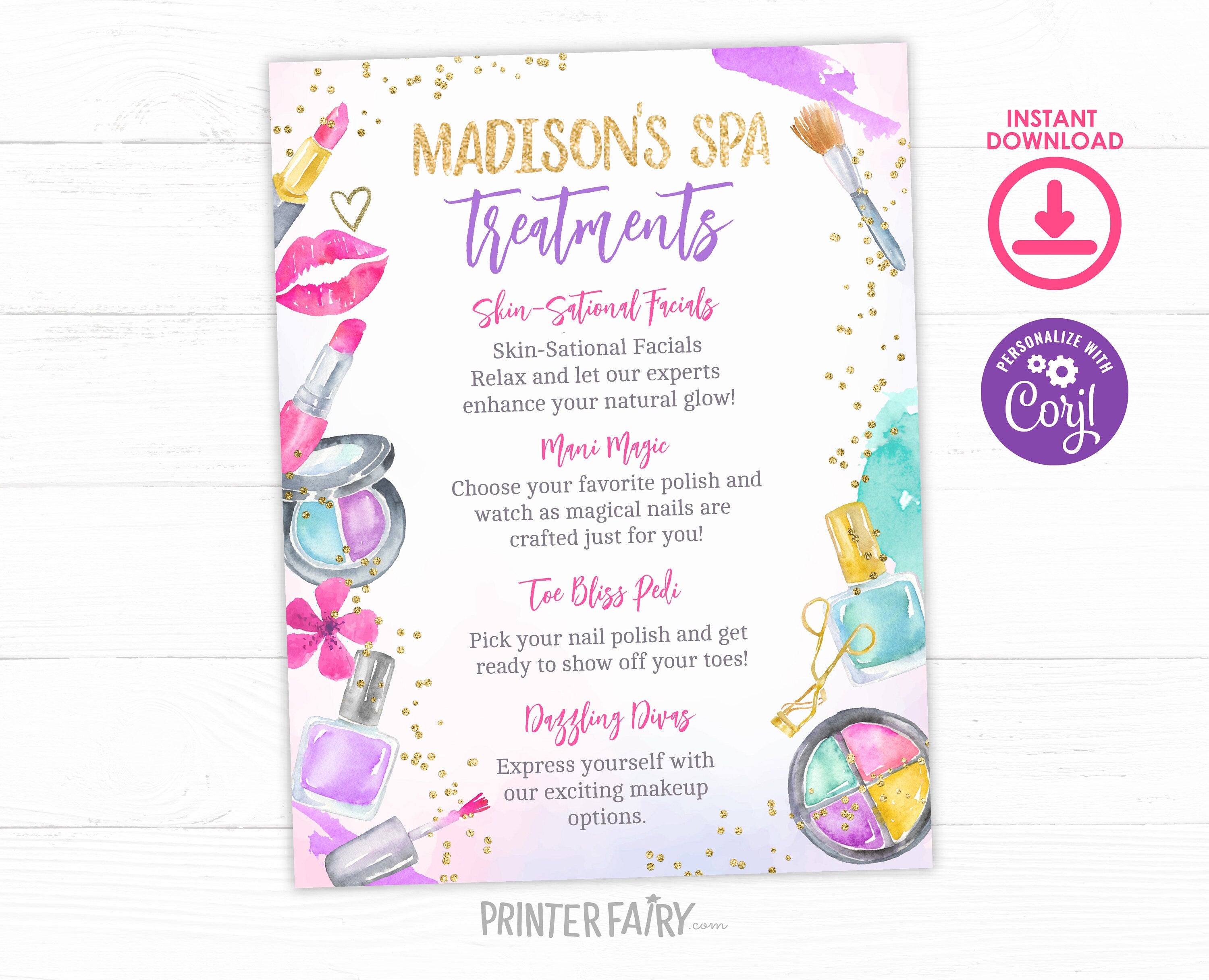 Editable Spa Party Treatments Sign, Glitz Glam Birthday Activities (Digital Download)