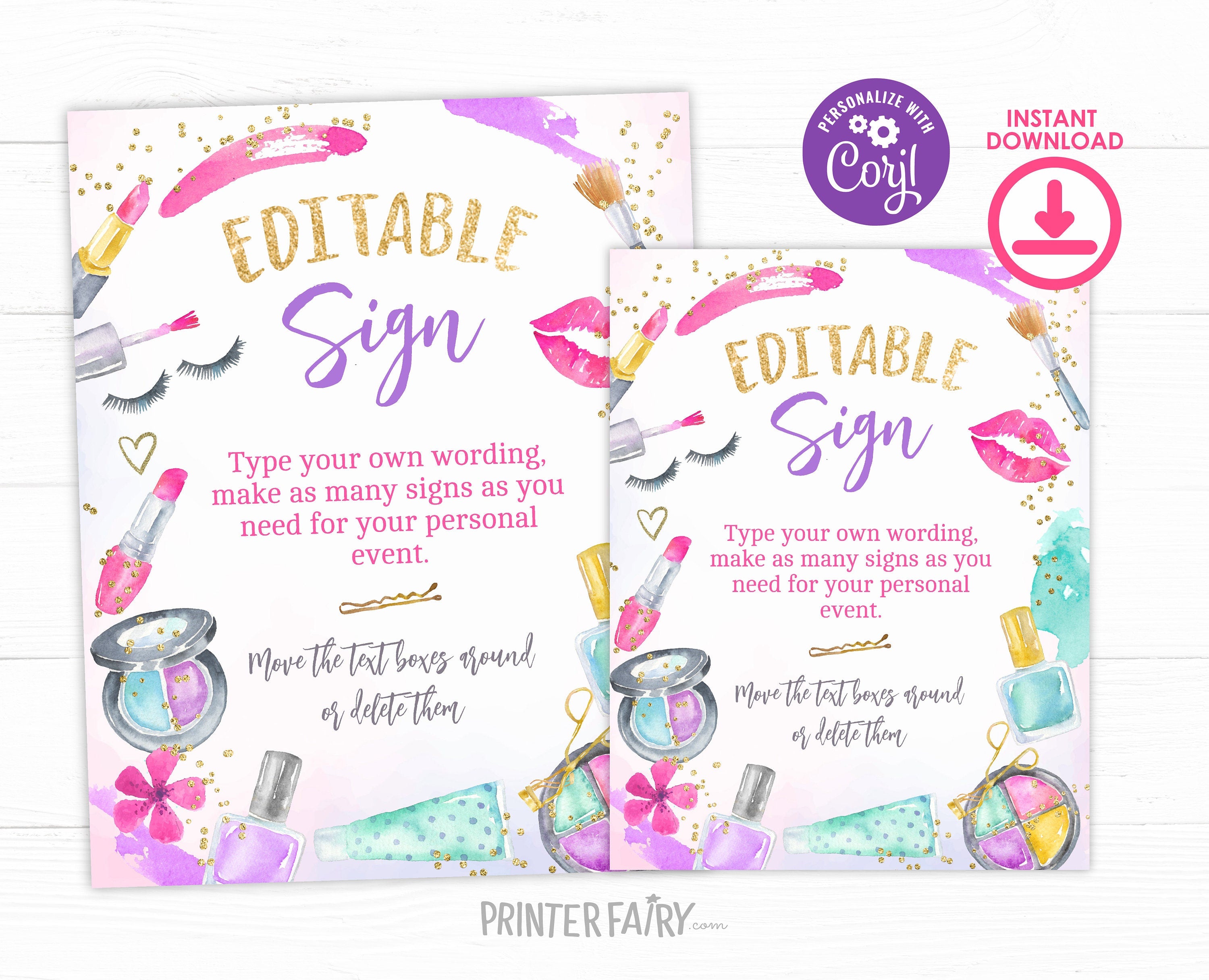 Editable Spa Party Sign, Glam Makeup Birthday Decor (Digital Download)