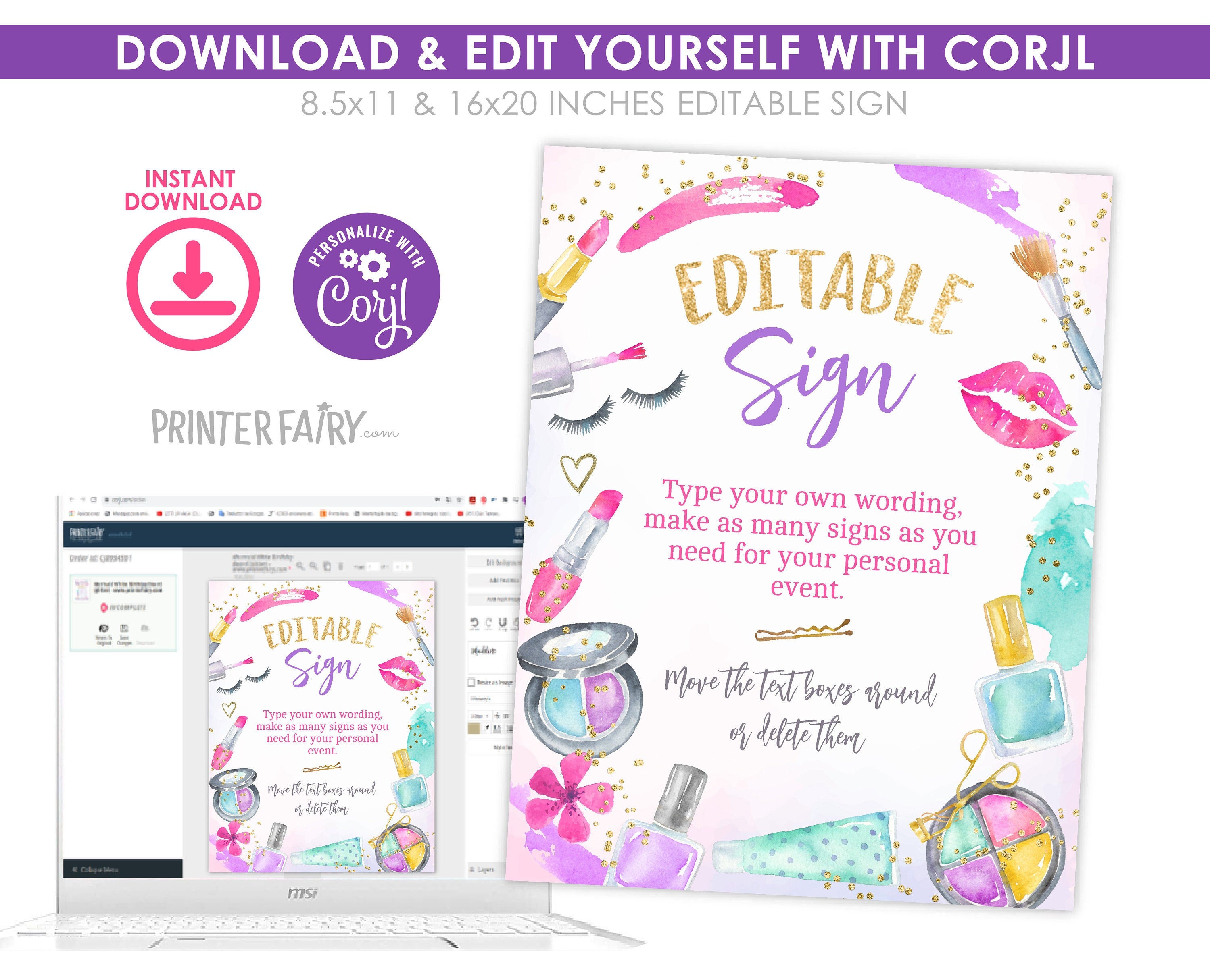 Editable Spa Party Sign, Glam Makeup Birthday Decor (Digital Download)