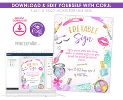 Editable Spa Party Sign, Glam Makeup Birthday Decor (Digital Download)