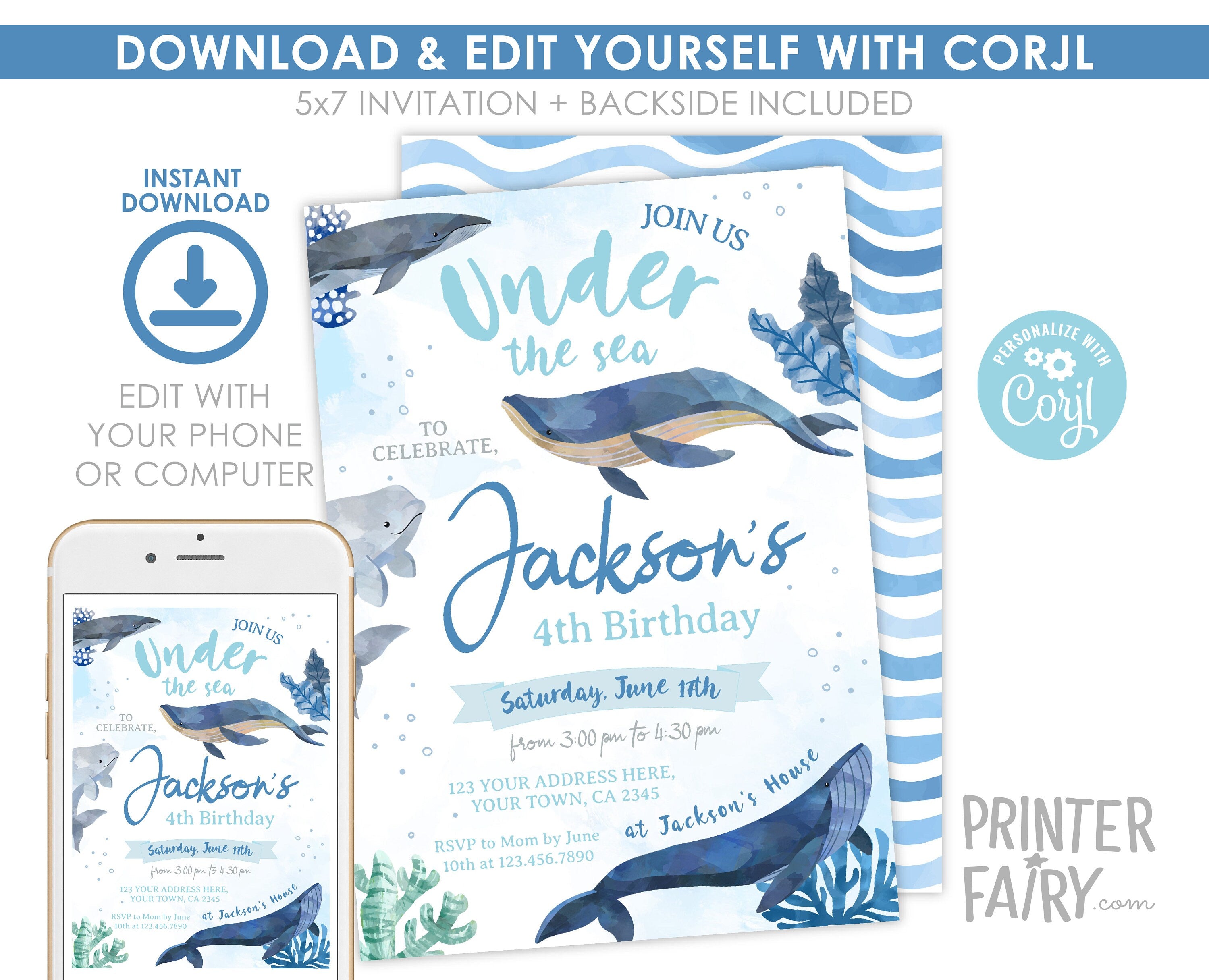 Whales Birthday Party Invitation, Under The Sea Theme (Digital Editable Download)