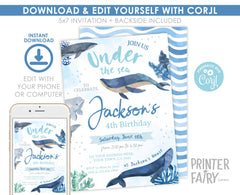 Whales Birthday Party Invitation, Under The Sea Theme (Digital Editable Download)