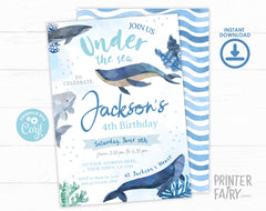 Whales Birthday Party Invitation, Under The Sea Theme (Digital Editable Download)