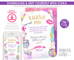Spa Party Thank You Card, Glam Makeup Birthday Note (Digital Download)