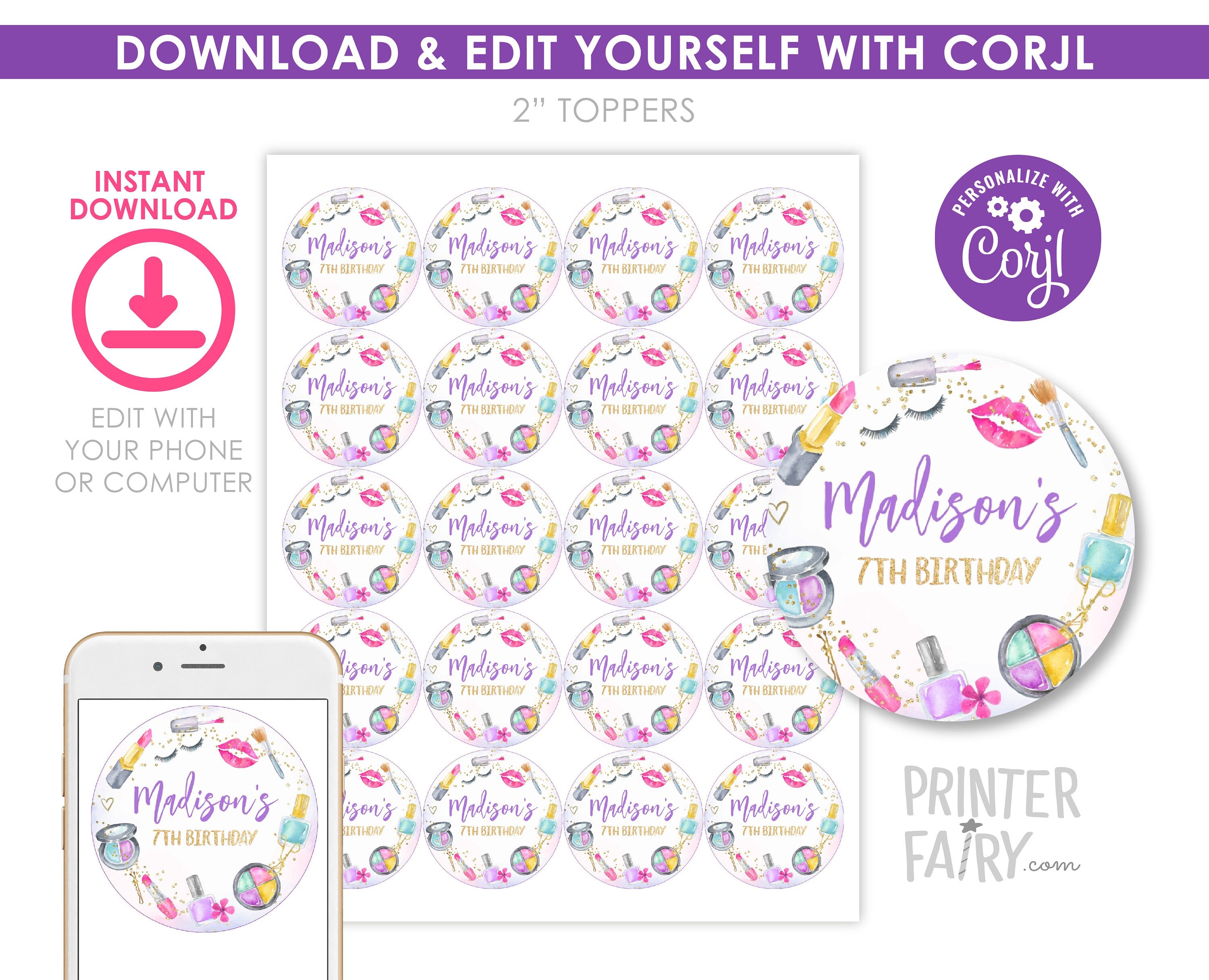 Editable Spa Party Cupcake Toppers, Glam Makeup Slumber Party Labels (Digital Download)