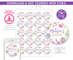 Editable Spa Party Cupcake Toppers, Glam Makeup Slumber Party Labels (Digital Download)