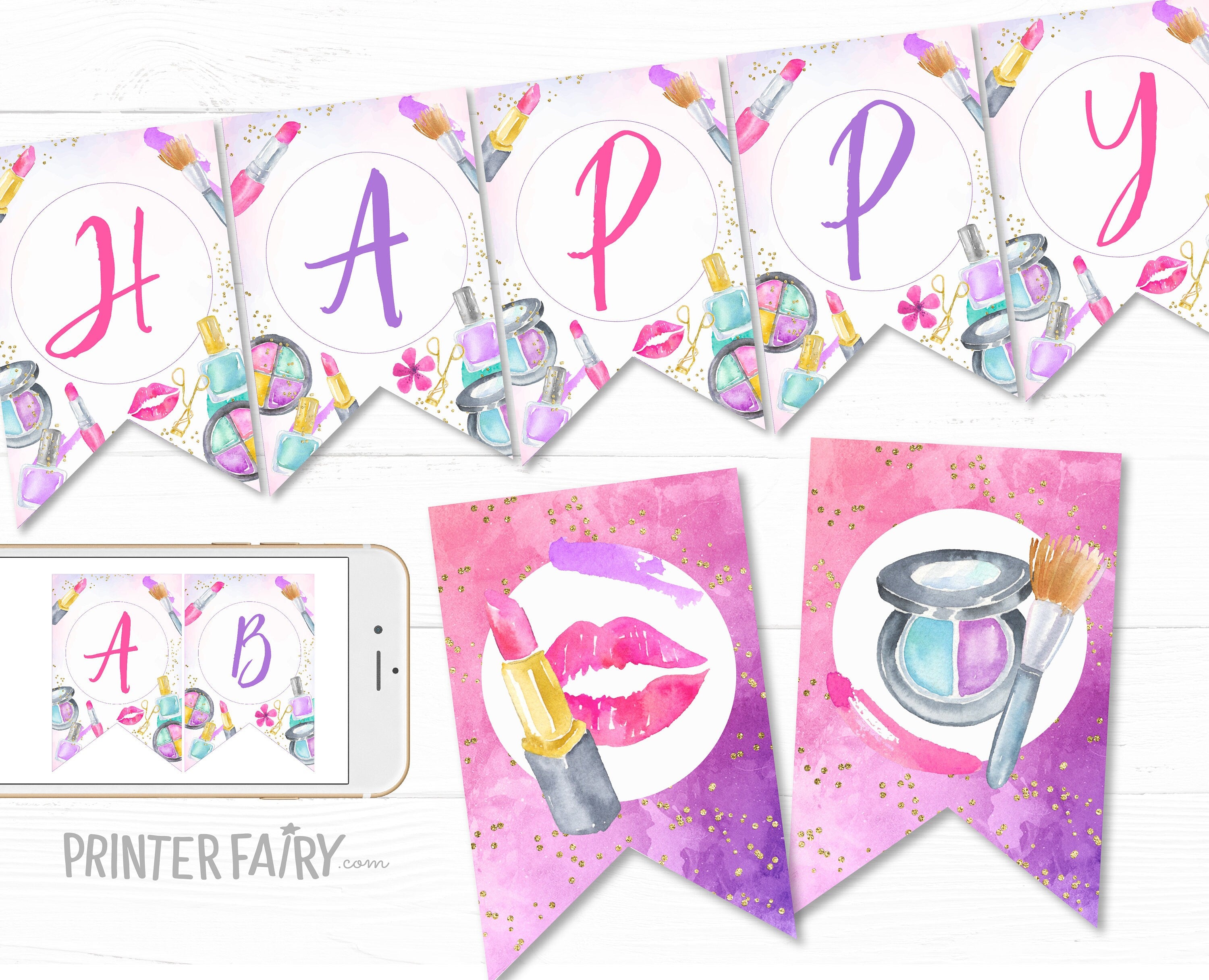 Spa Birthday Banner, Glam Makeup Party Decoration (Digital Download)