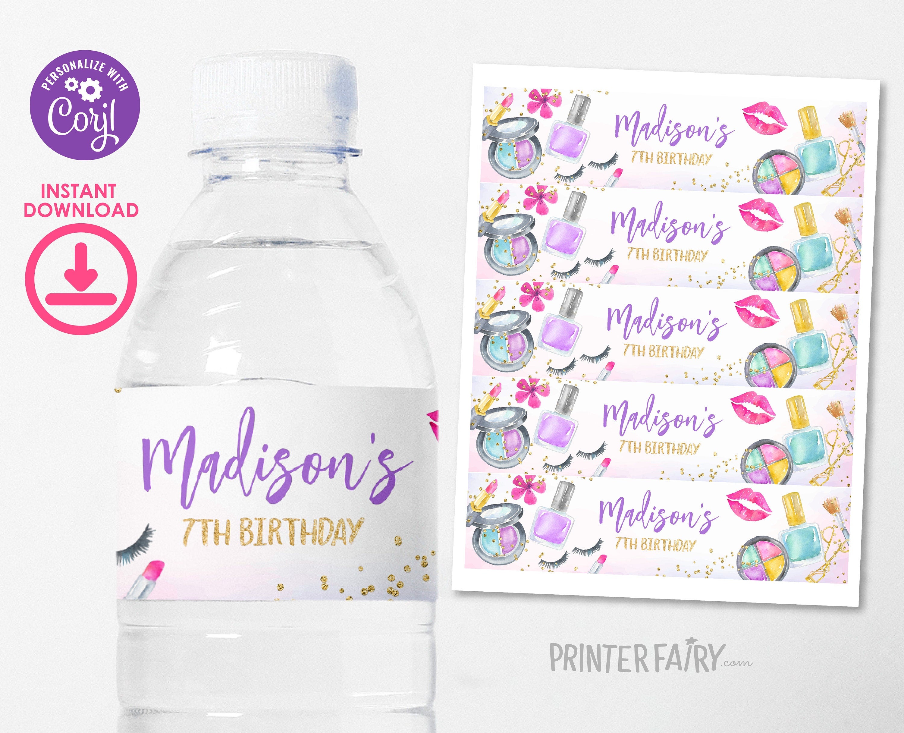 Spa Party Water Bottle Labels, Glam Makeup Birthday Decor (Digital Download)