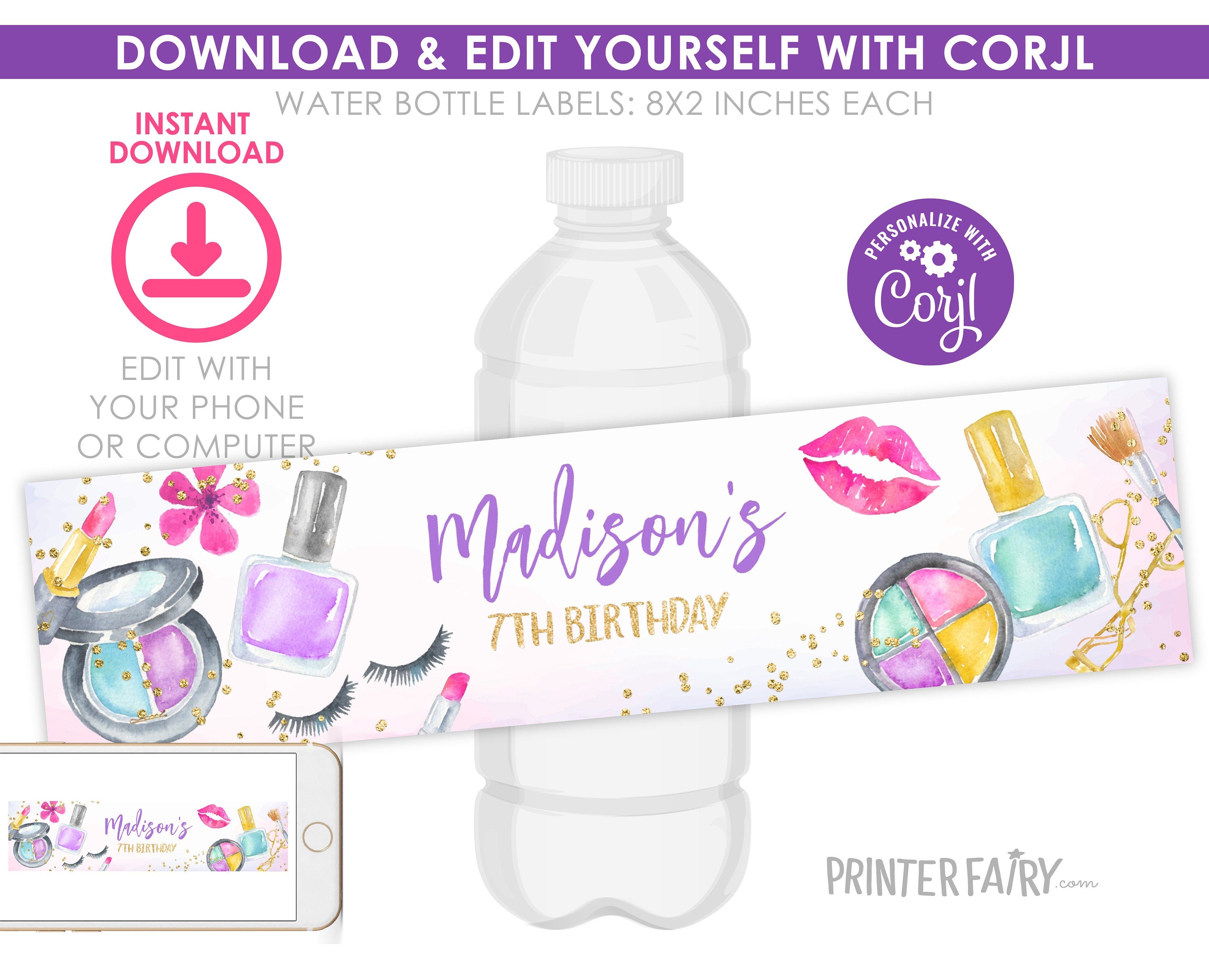 Spa Party Water Bottle Labels, Glam Makeup Birthday Decor (Digital Download)