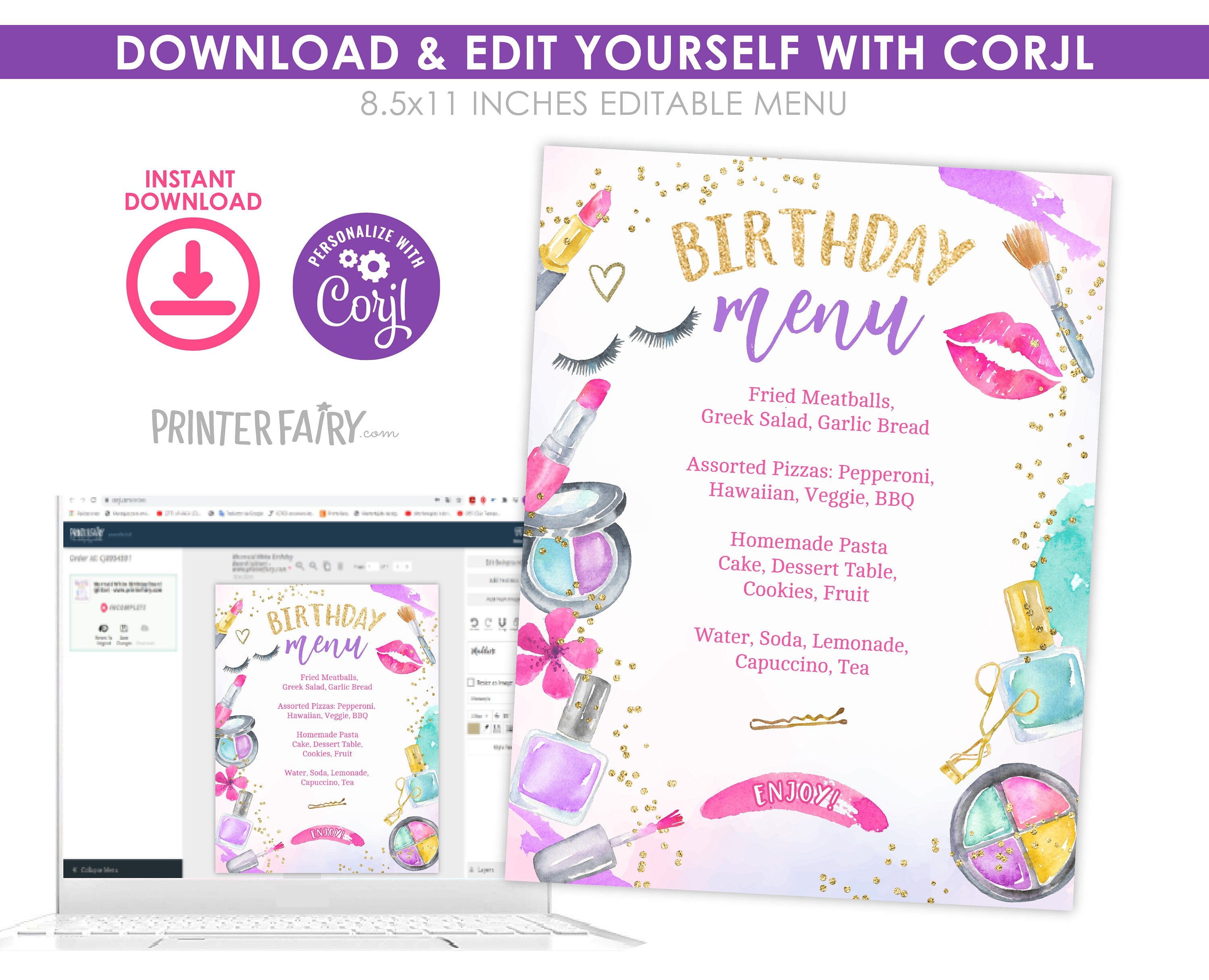 Spa Birthday Menu, Glitz Glam Party Food Sign (Digital Download)