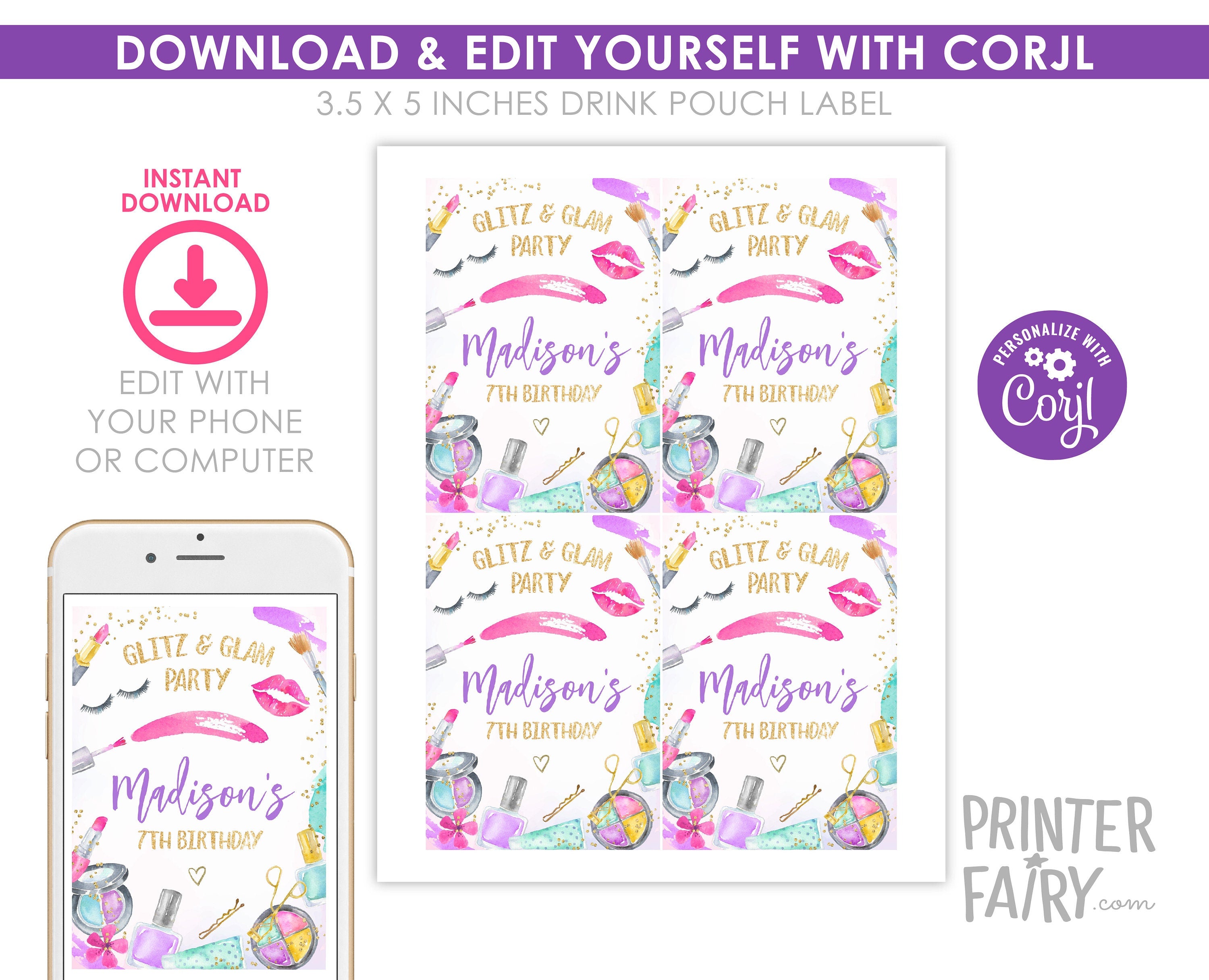 Spa Party Drink Pouch Labels, Glitz Glam Birthday Favors (Digital Download)
