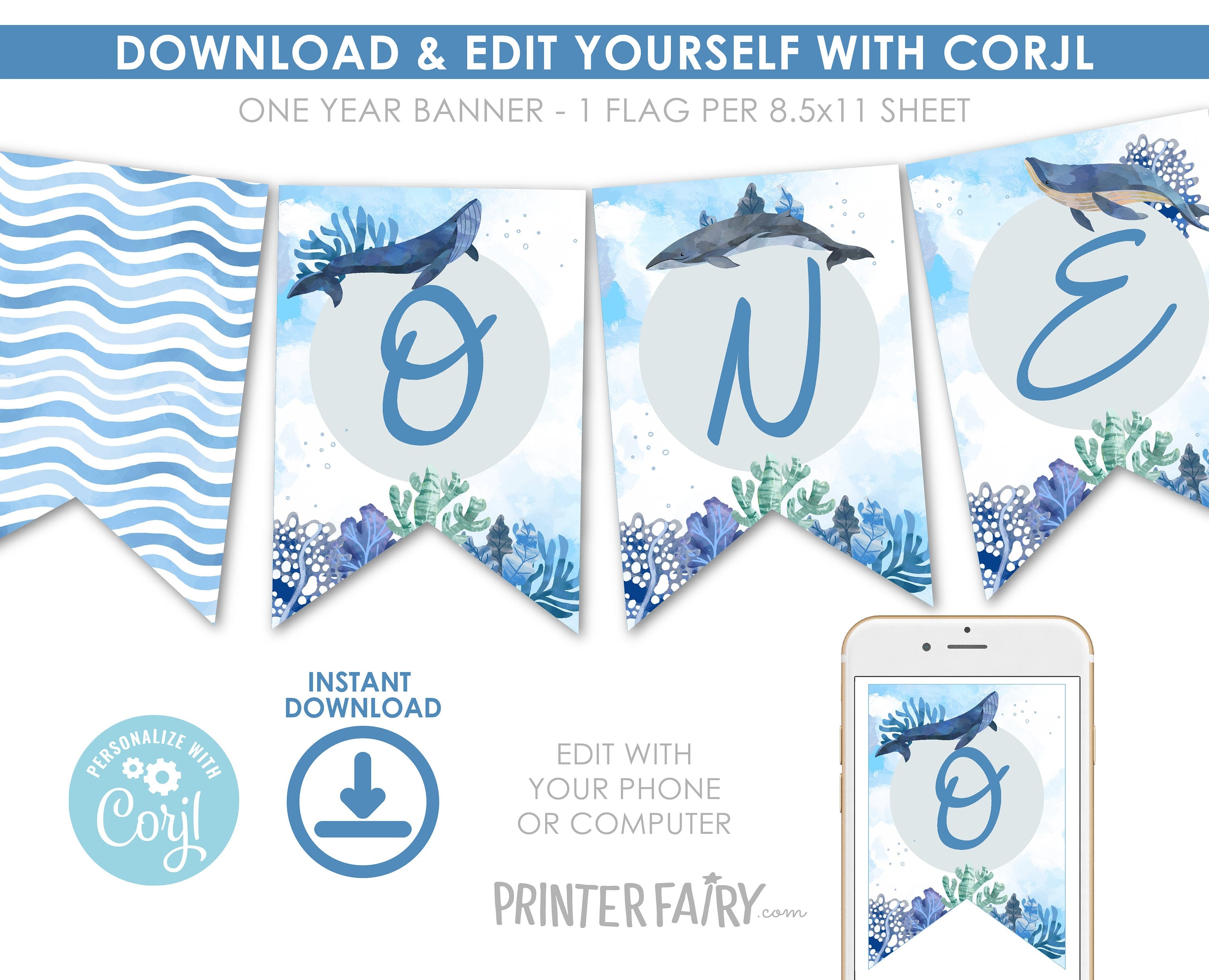 Whales First Birthday Banner, Under The Sea Party, Editable Printable