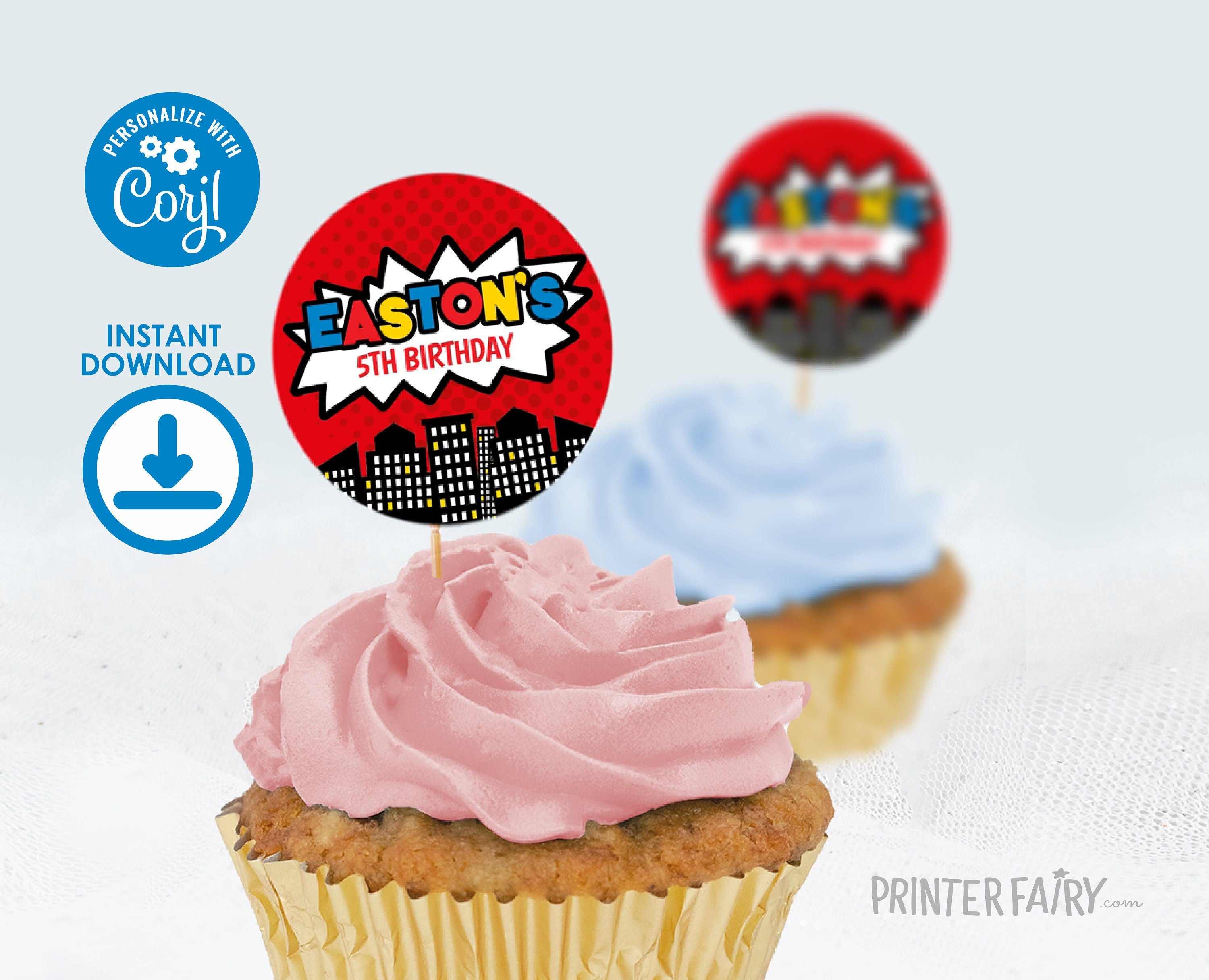 Superhero Birthday Party Toppers Editable Templates, Instant Download