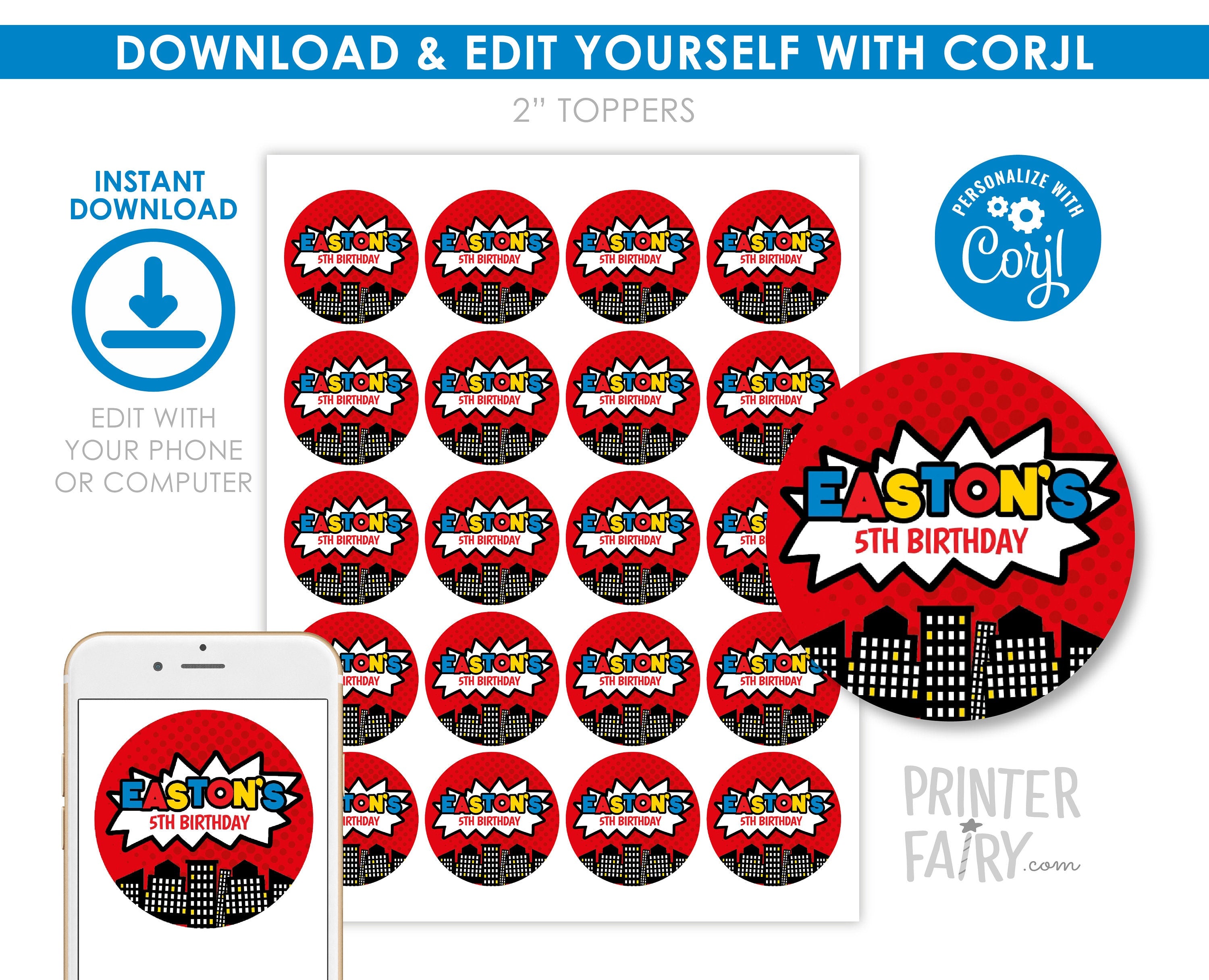 Superhero Birthday Party Toppers Editable Templates, Instant Download