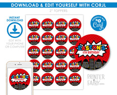 Superhero Birthday Party Toppers Editable Templates, Instant Download