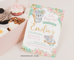 Floral Koala Girl Birthday Invitation, Editable Template (Instant Download)