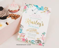 Alice in Wonderland Birthday Invitation, Floral Tea Party, Editable (Digital Download)