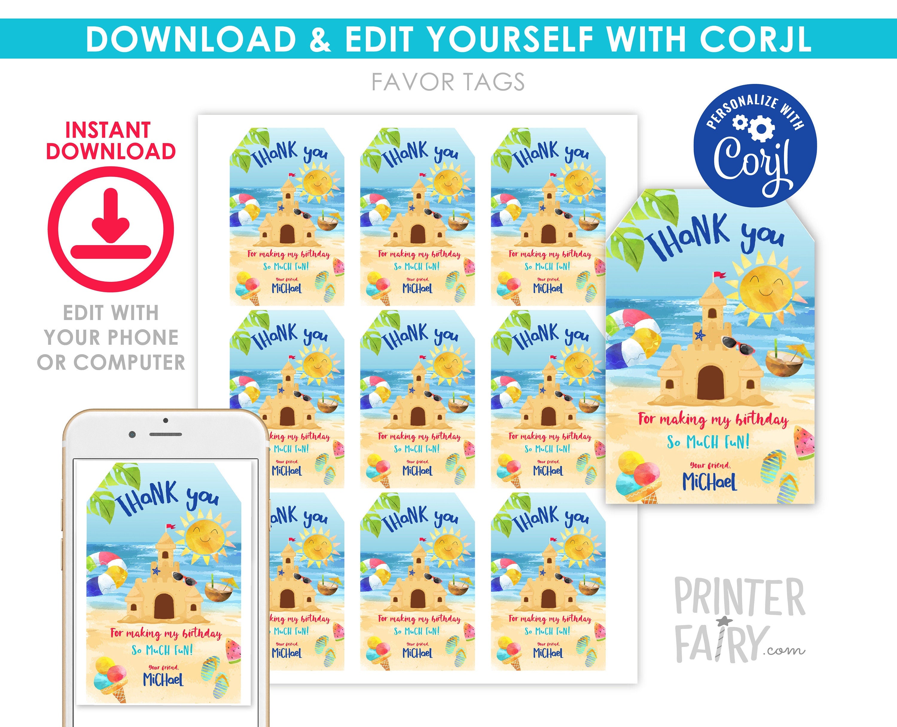 Sand Castle Beach Birthday Party Thank You Tags Editable Template, INSTANT DOWNLOAD