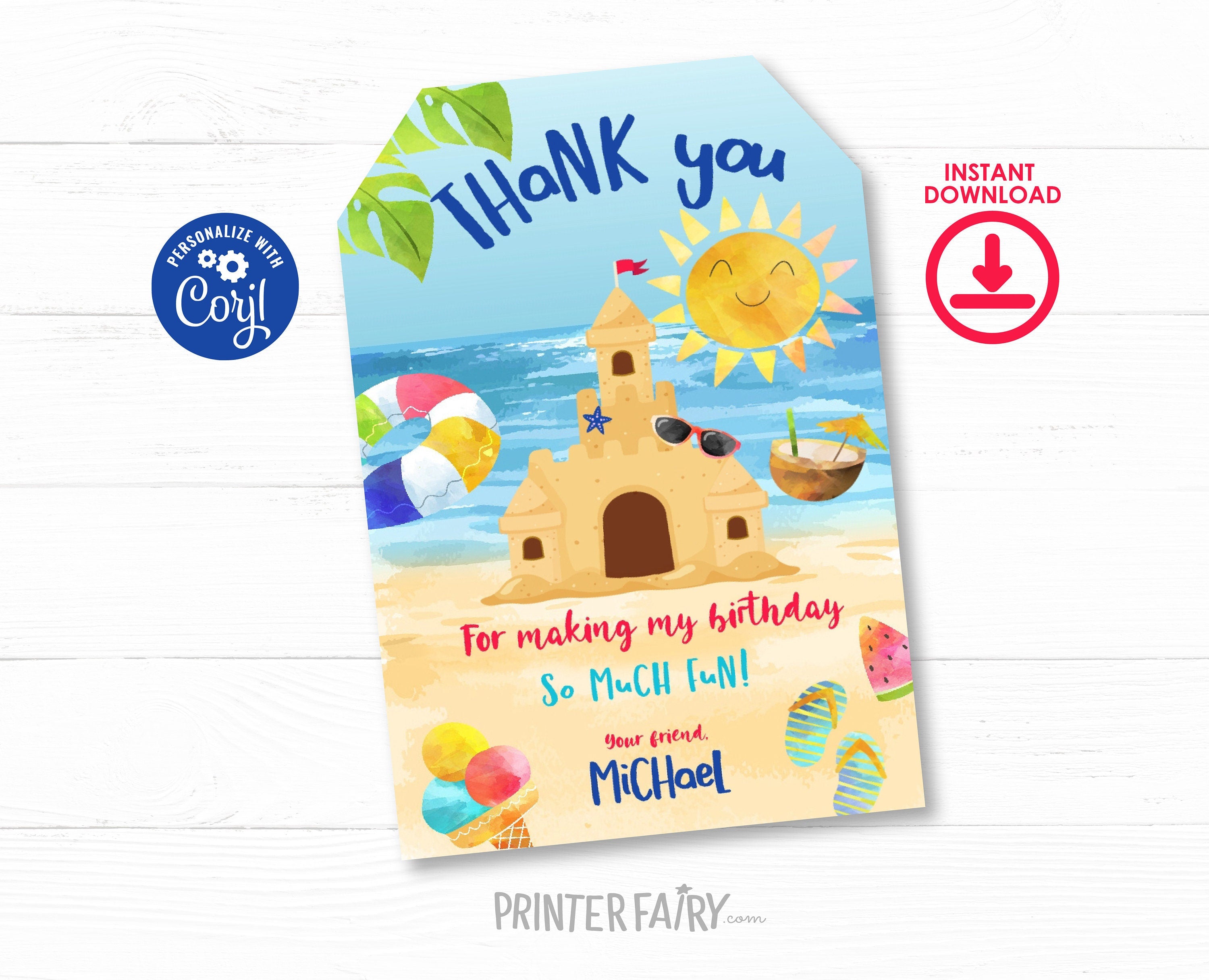 Sand Castle Beach Birthday Party Thank You Tags Editable Template, INSTANT DOWNLOAD