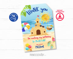 Sand Castle Beach Birthday Party Thank You Tags Editable Template, INSTANT DOWNLOAD