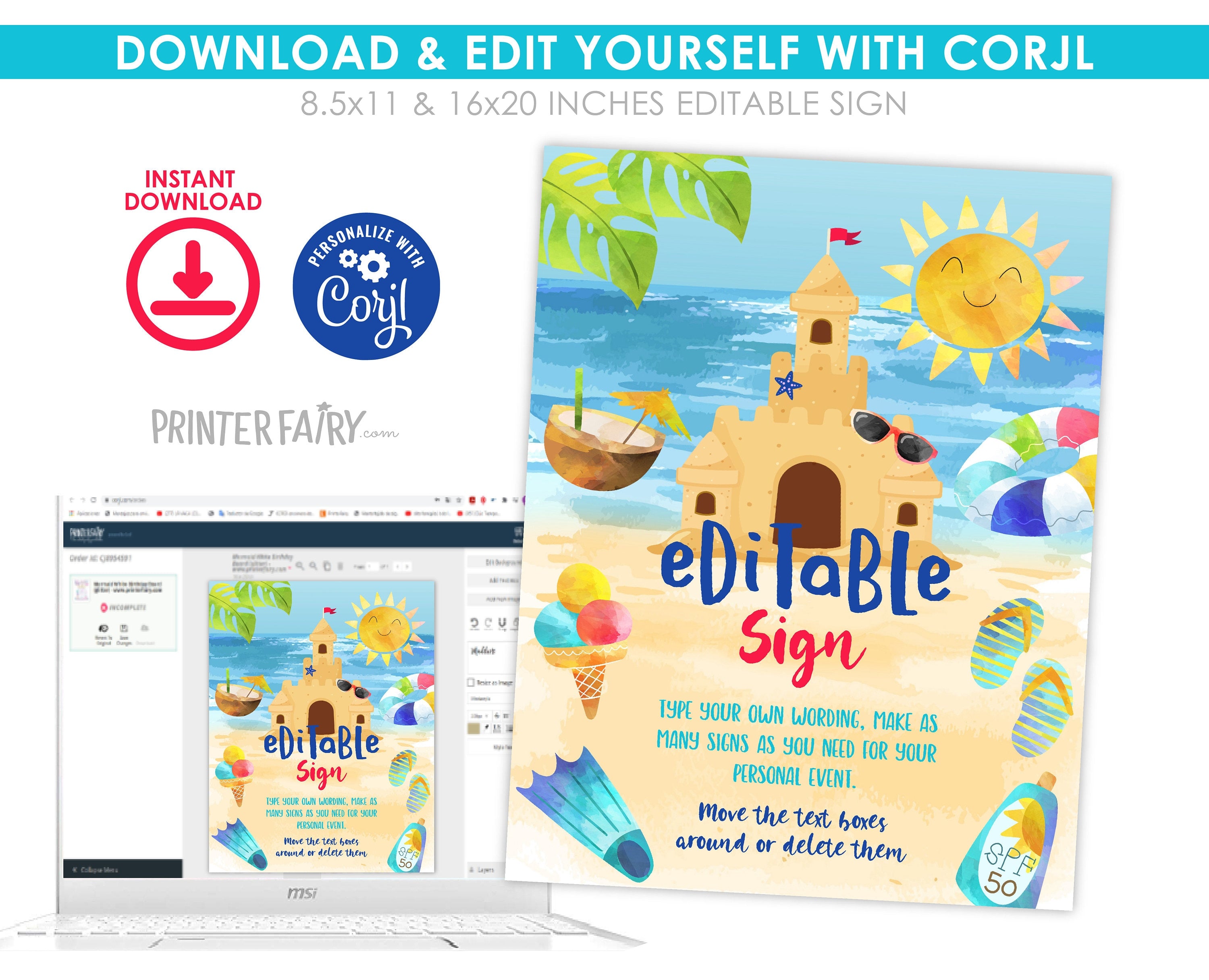 Beach Sand Castle Birthday Party Editable Sign Template, INSTANT DOWNLOAD