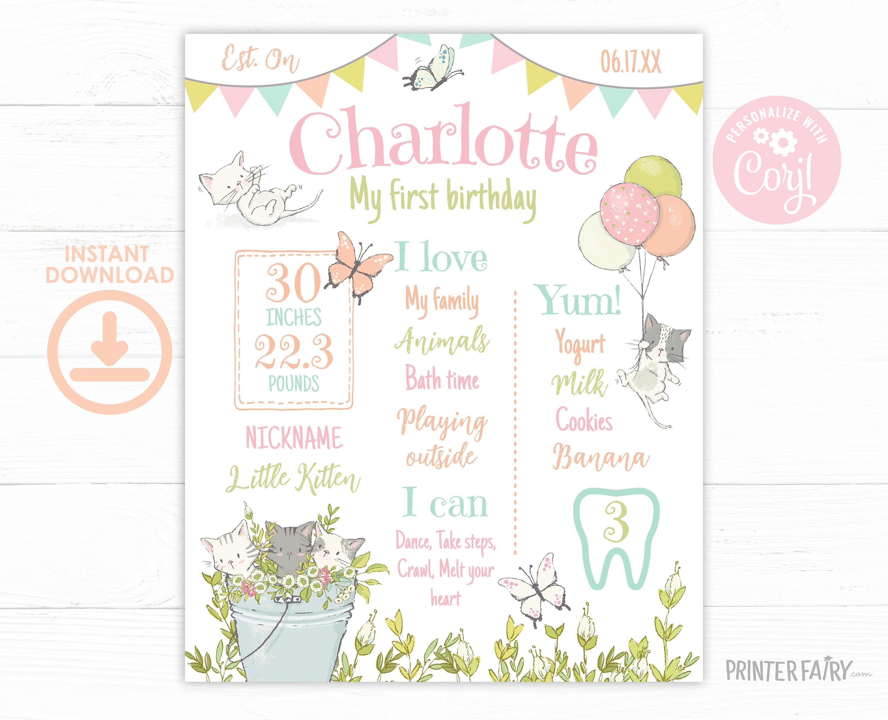 Kitten Garden First Birthday Board, Editable Milestones Sign (Digital Download)