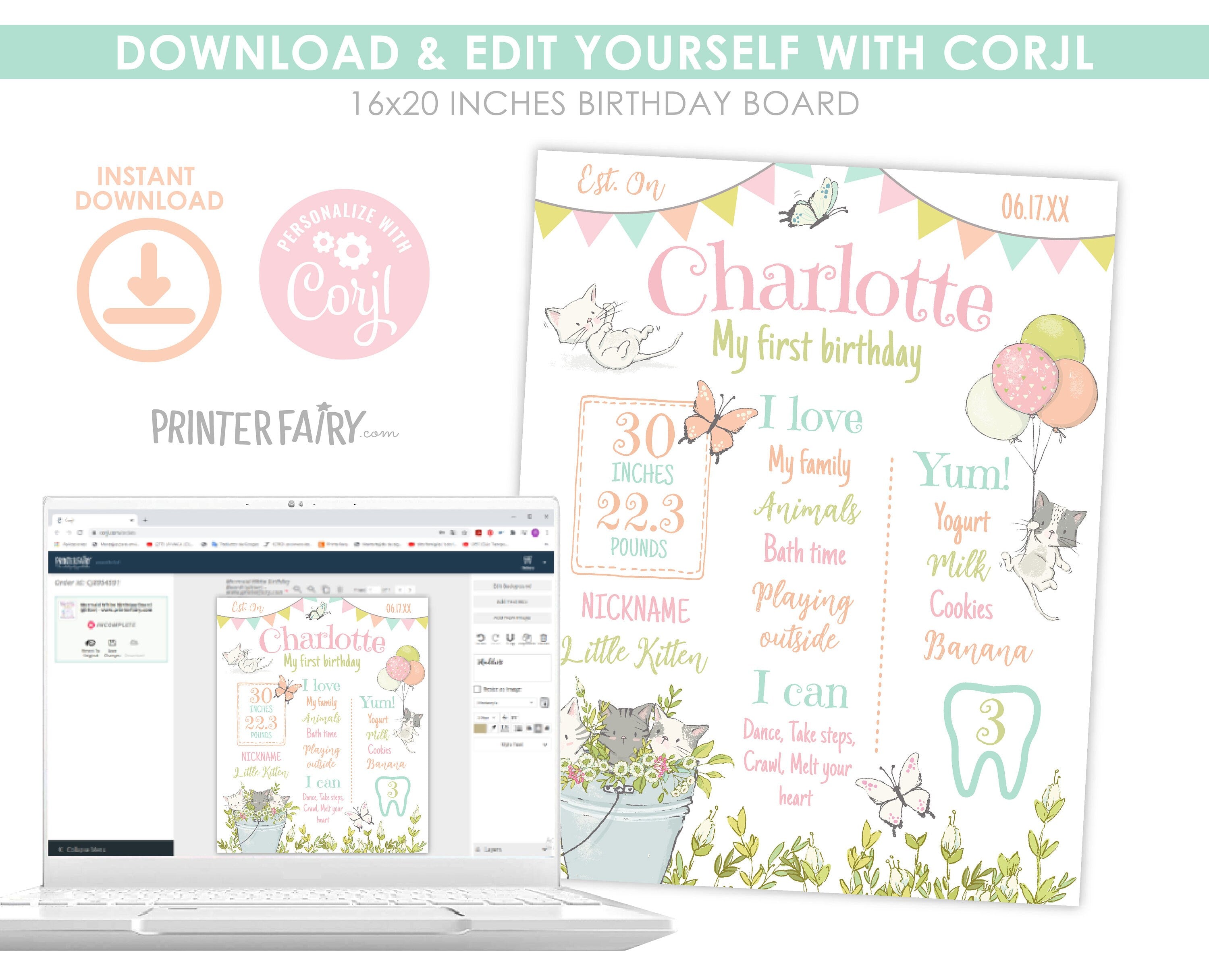 Kitten Garden First Birthday Board, Editable Milestones Sign (Digital Download)