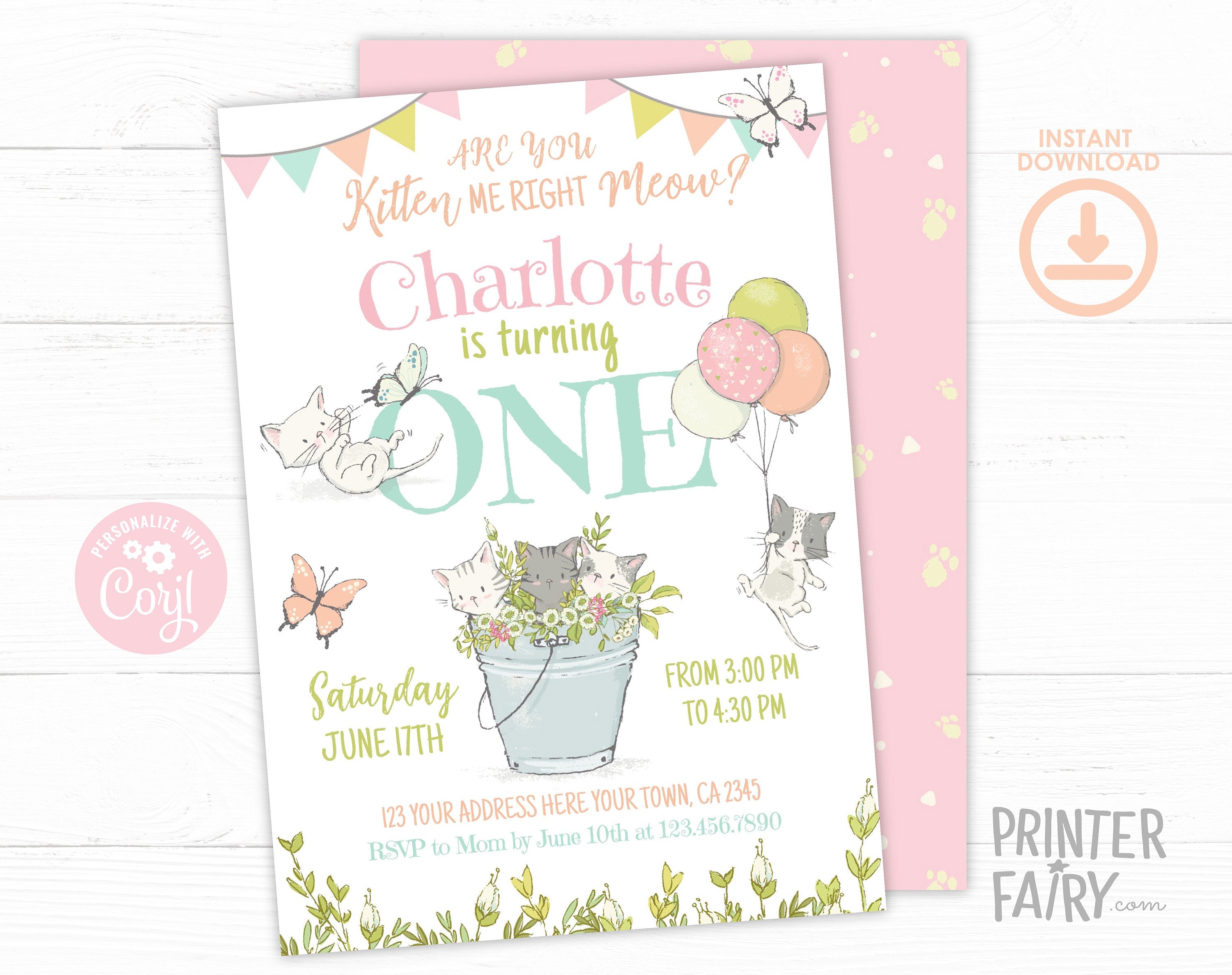 Kitty Cat First Birthday Invitation, Kitten Garden Party (Editable Template)