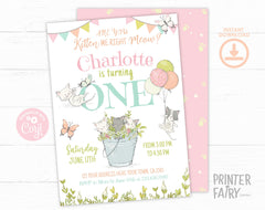 Kitty Cat First Birthday Invitation, Kitten Garden Party (Editable Template)