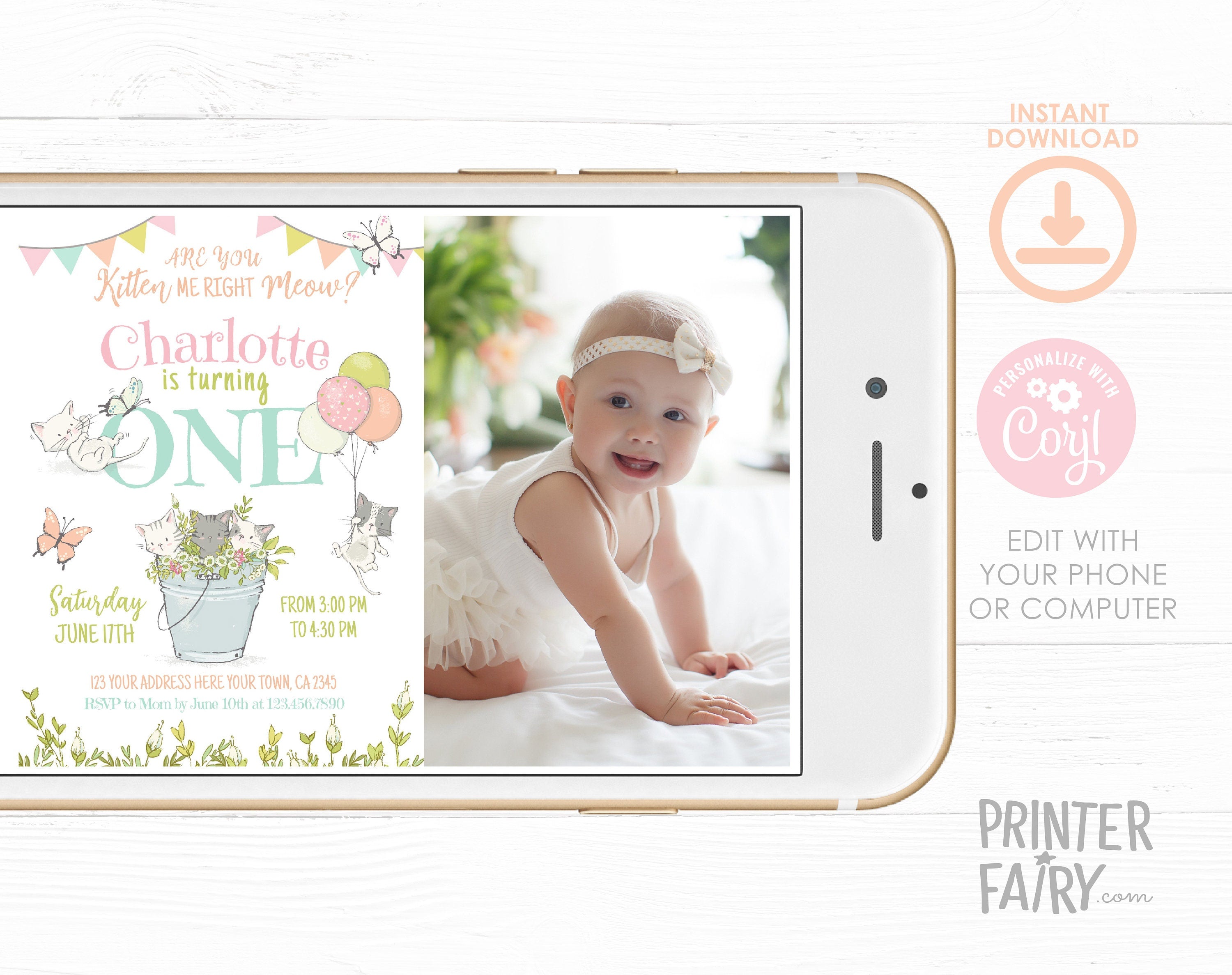 Kitty Cat First Birthday Invitation with Photo, Kitten Garden Party (Printable)