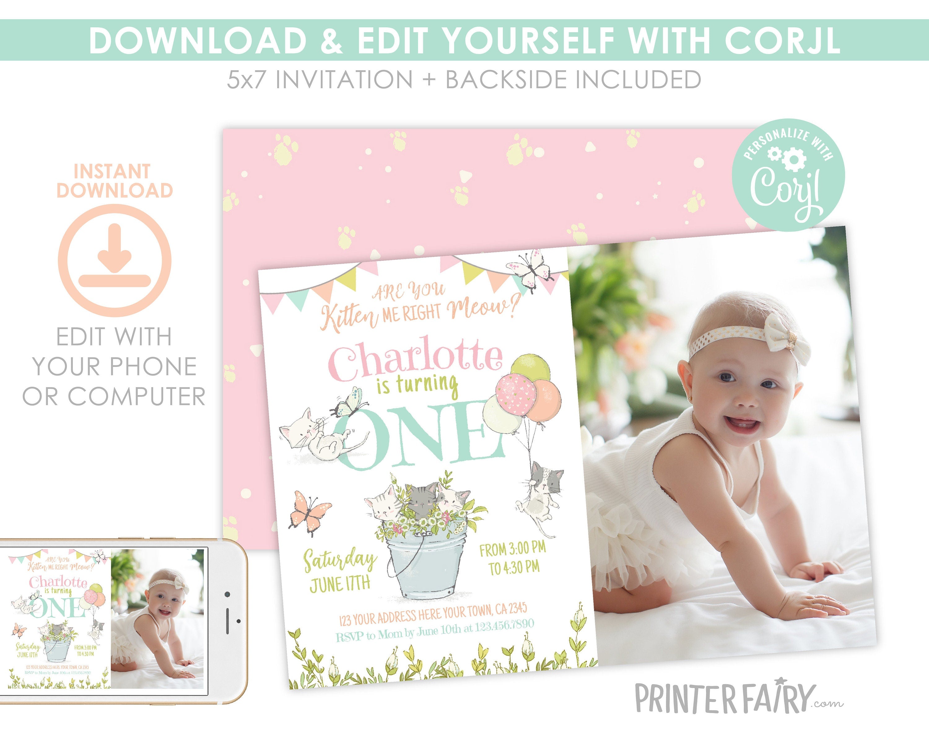 Kitty Cat First Birthday Invitation with Photo, Kitten Garden Party (Printable)